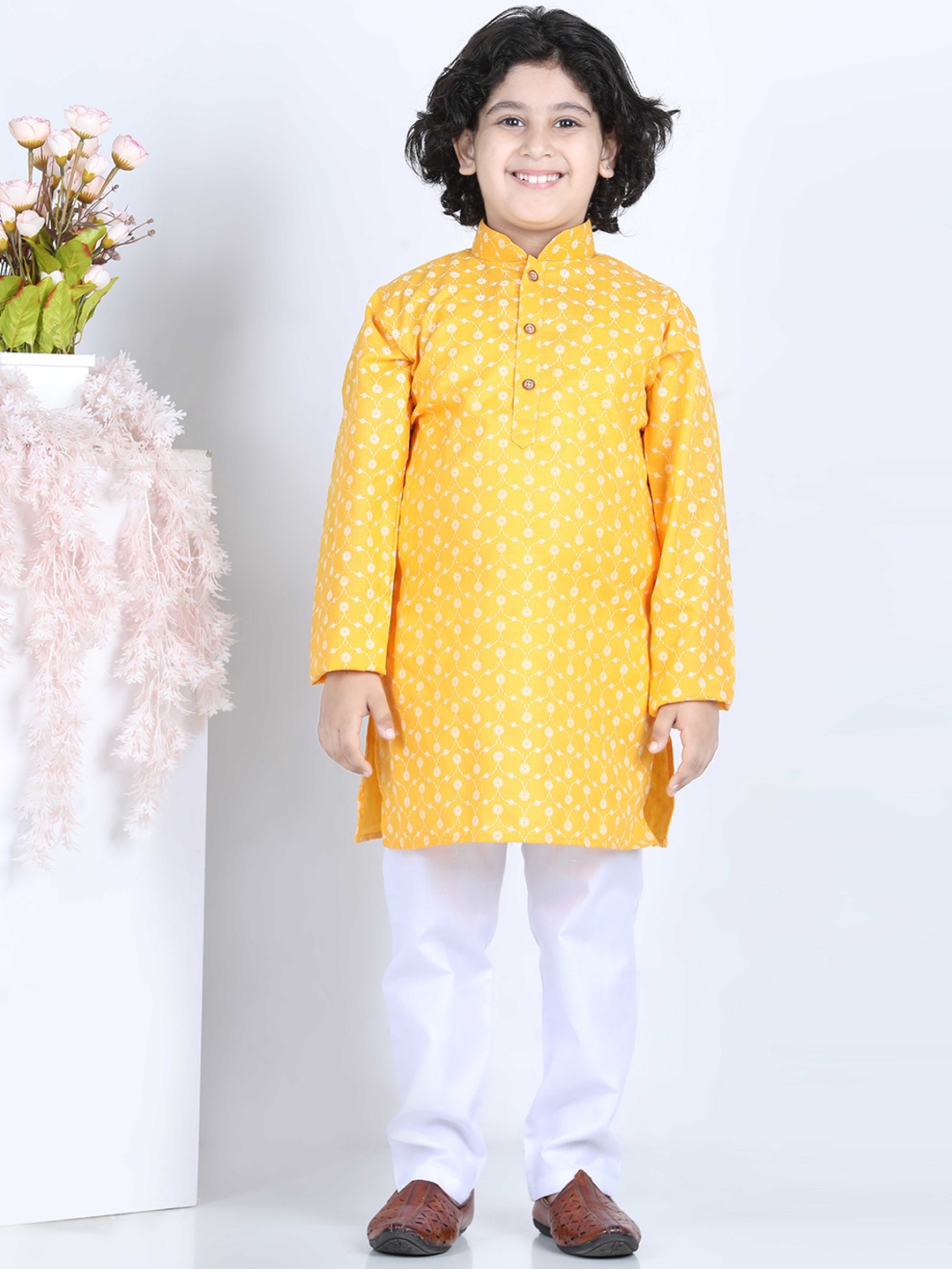 Kidling Boys Yellow Floral Printed Kurta with Pyjamas