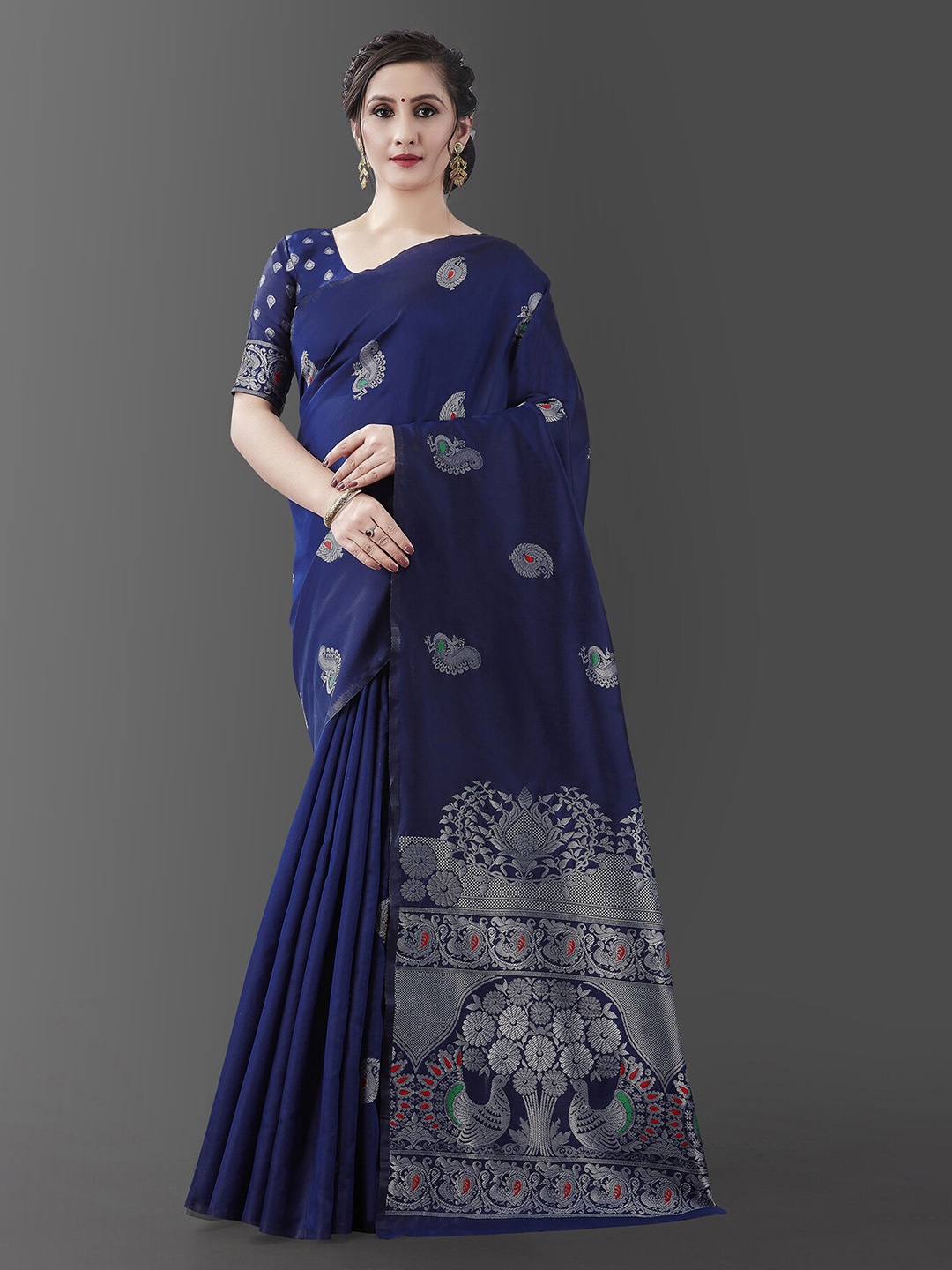Wuxi Navy Blue & Silver-Toned Woven Design Zari Pure Silk Banarasi Saree