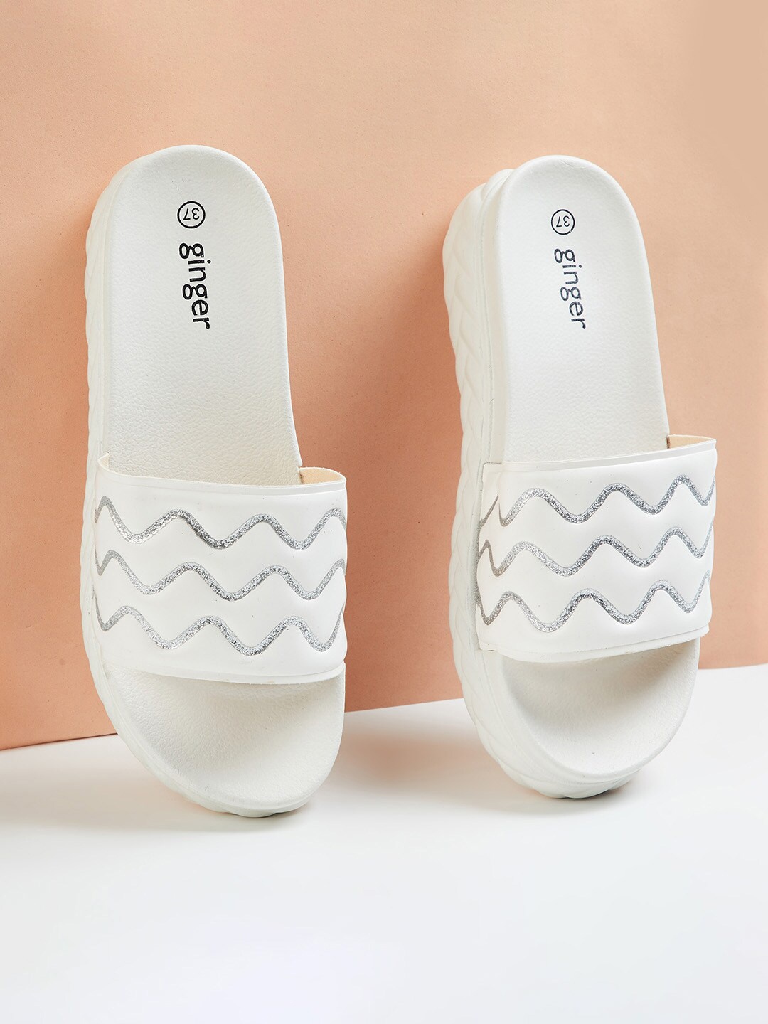 Ginger by Lifestyle Women White & Grey Printed Sliders