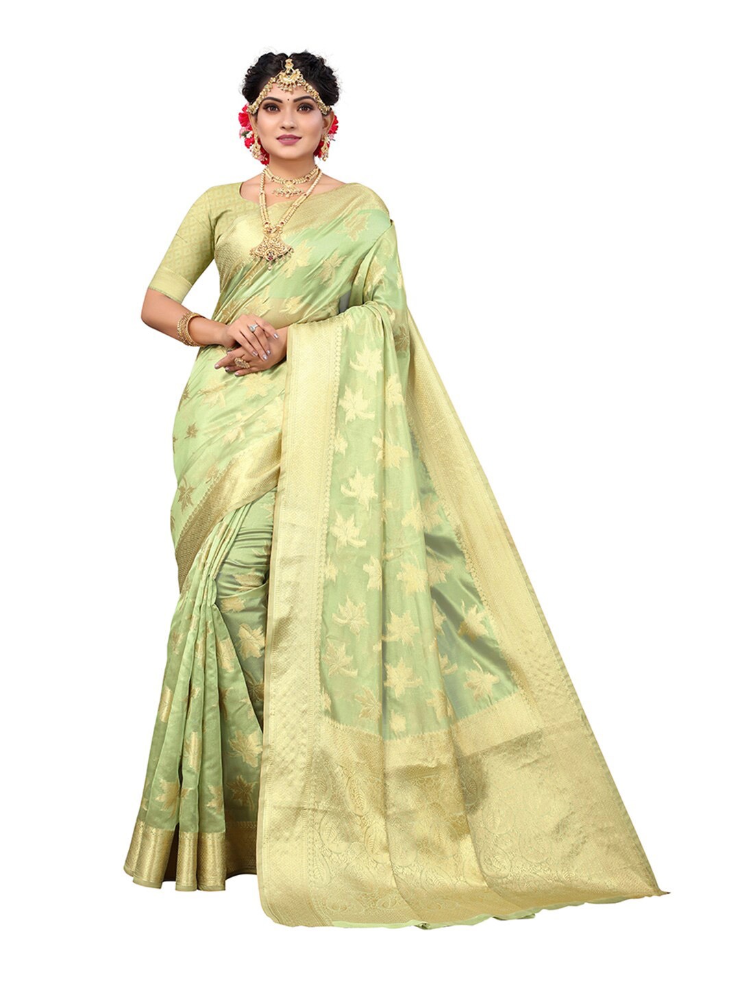 Pisara Women Sea Green & Gold-Toned Woven Design Organza Saree
