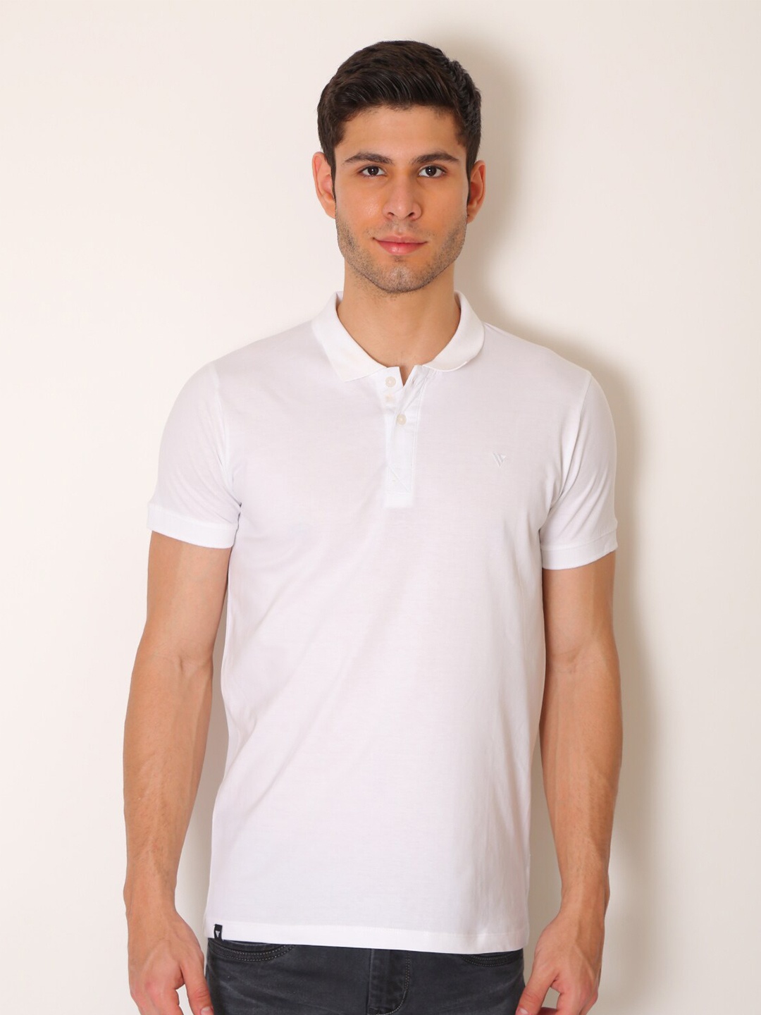 VINSON Men White Polo Collar Slim Fit T-shirt
