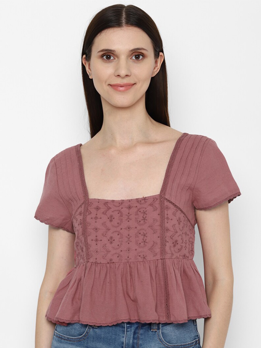 AMERICAN EAGLE OUTFITTERS Women Burgundy Smocked Peplum Top