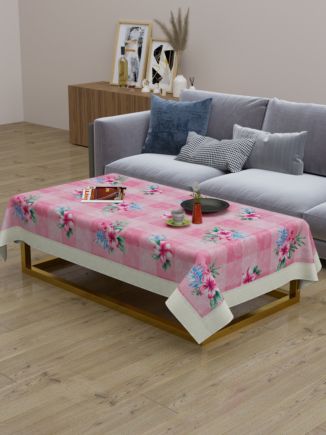 Clasiko Pink & Blue Printed Rectangular 2-Seater Centre Table Cover