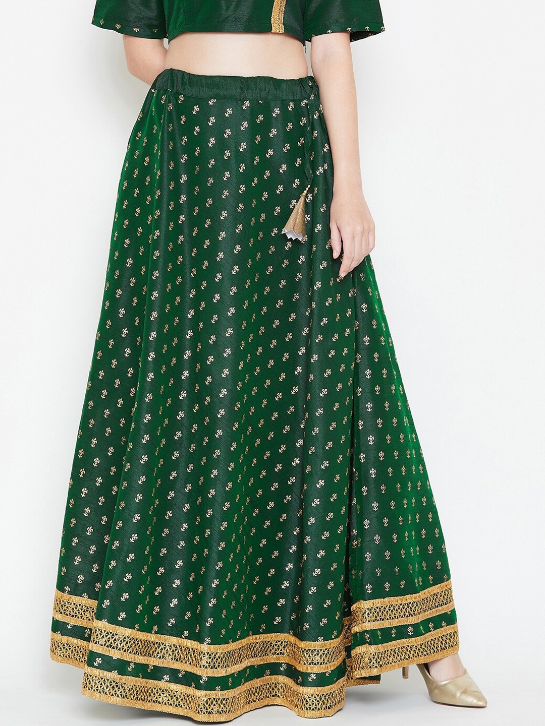 studio rasa Women Green & Gold Block Printed Maxi Flared Dupion Silk Skirts