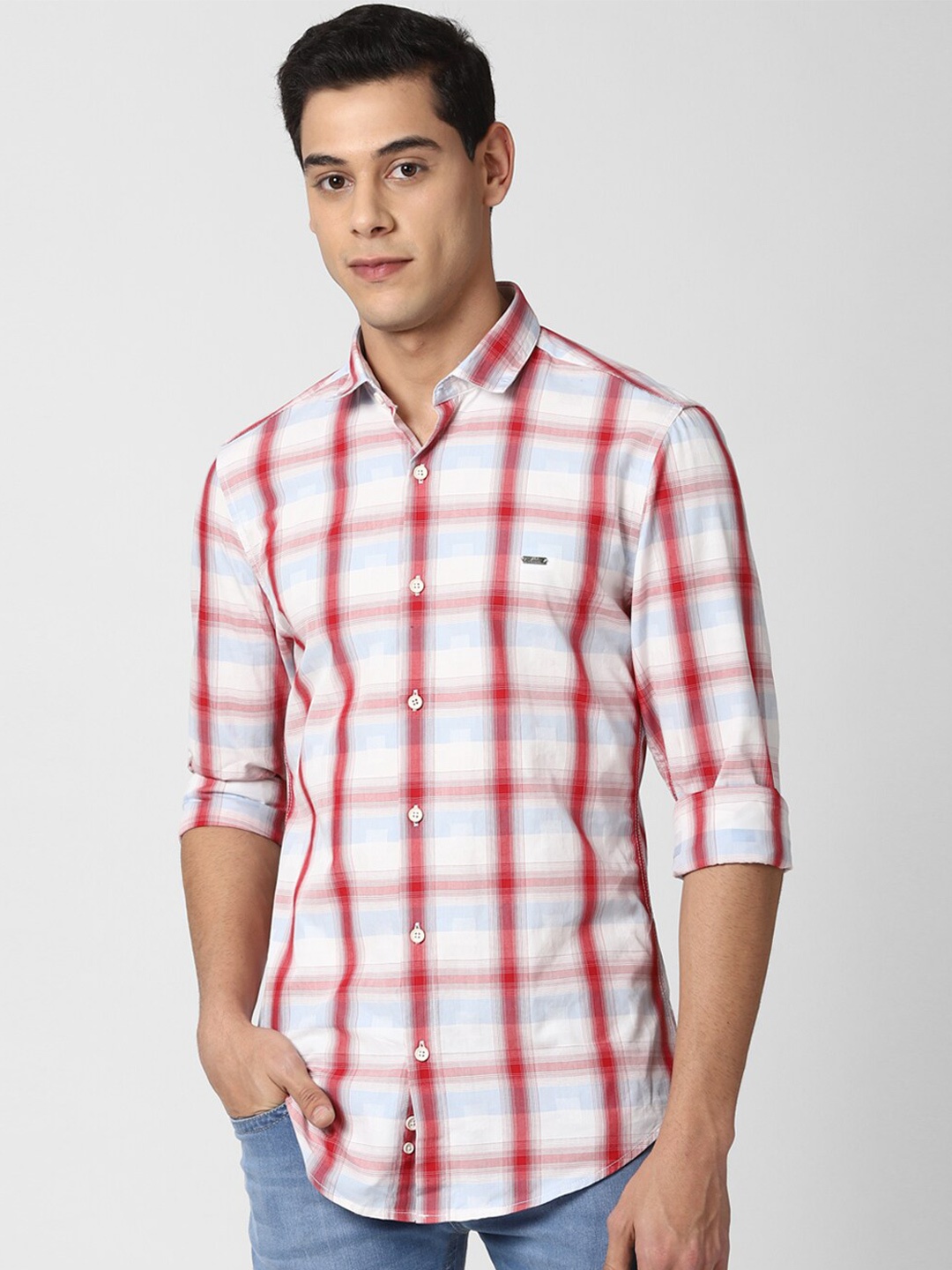 Peter England Casuals Men White Slim Fit Checked Casual Shirt
