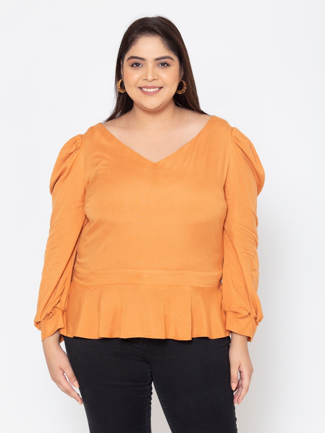 Womauraa Plus Size Women Orange V-Neck Top