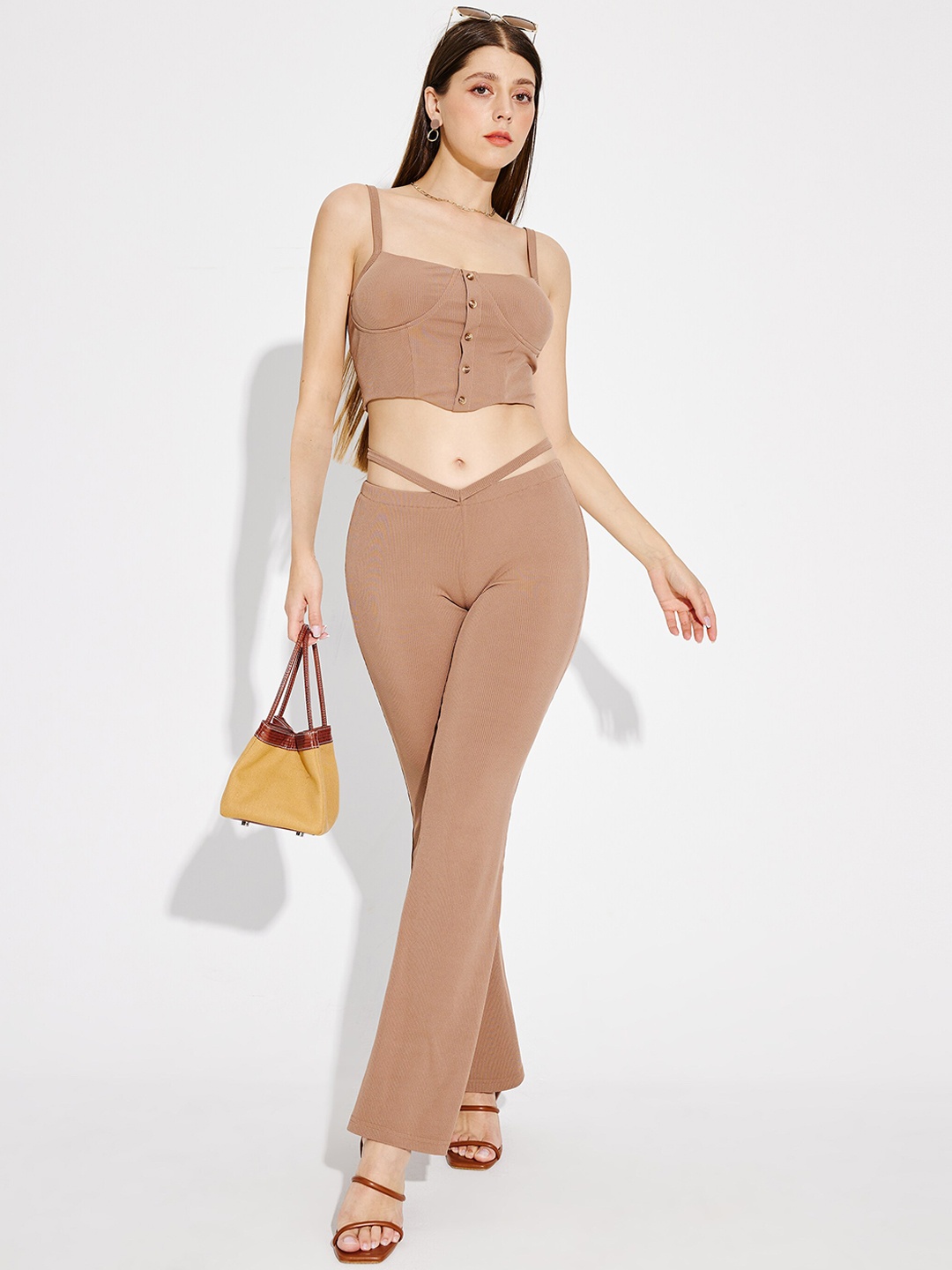 URBANIC Women Brown Solid Cut Out Pant Two-Piece Outfits
