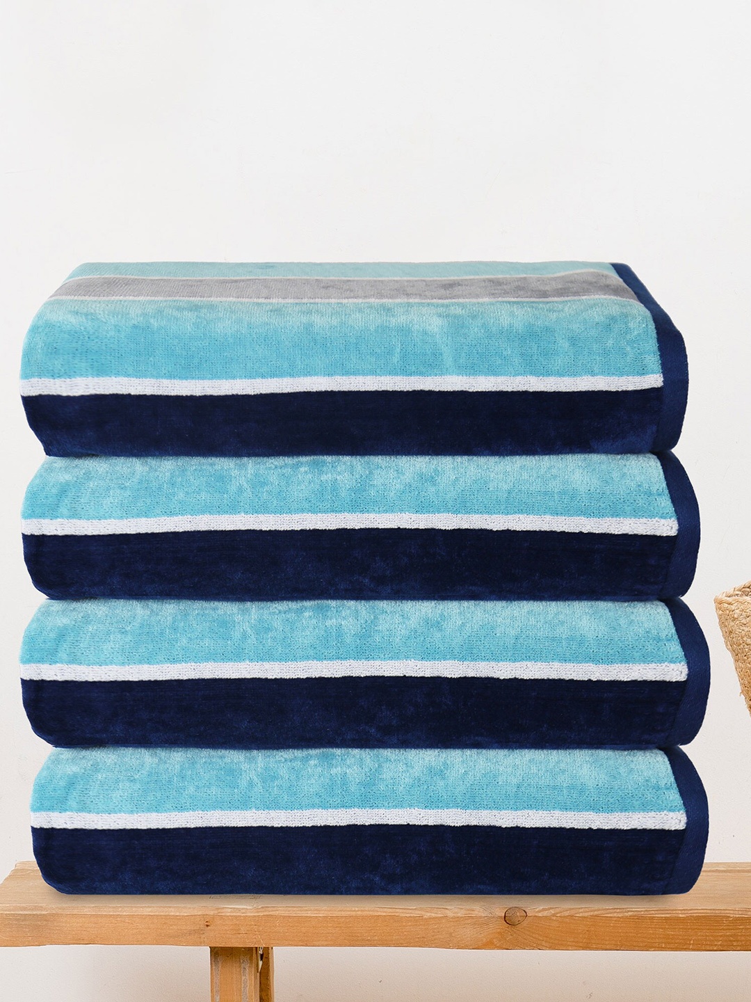 Trident Pack of 4 Blue Striped Bath Towels