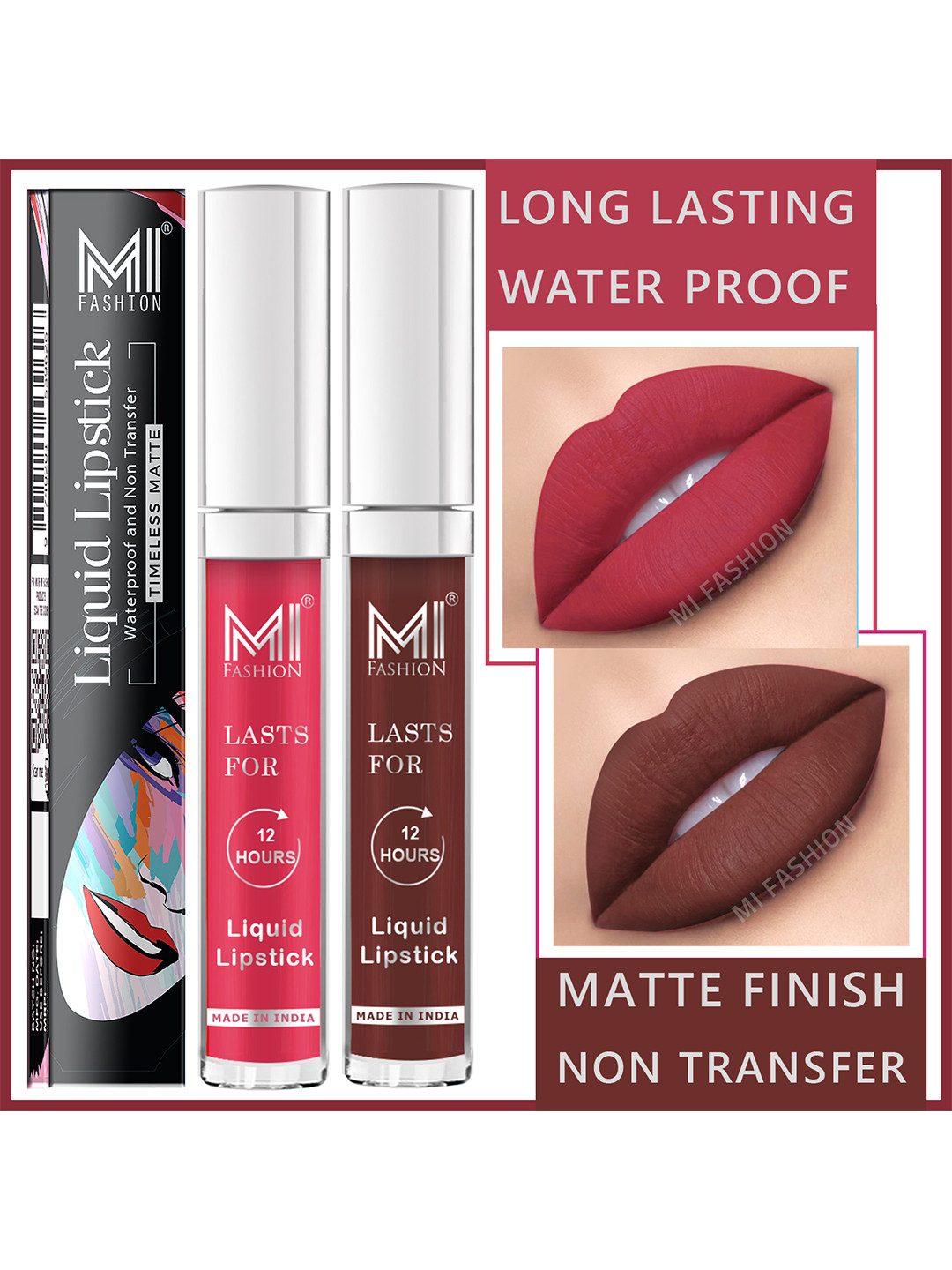 MI FASHION Set of 2 Smudge Free Matte Finish Moisturizing Liquid Lipstick - Pink & Brown
MI FASHION Set of 2 Smudge Free Matte Finish Moisturizing Liquid Lipstick - Pink & Brown