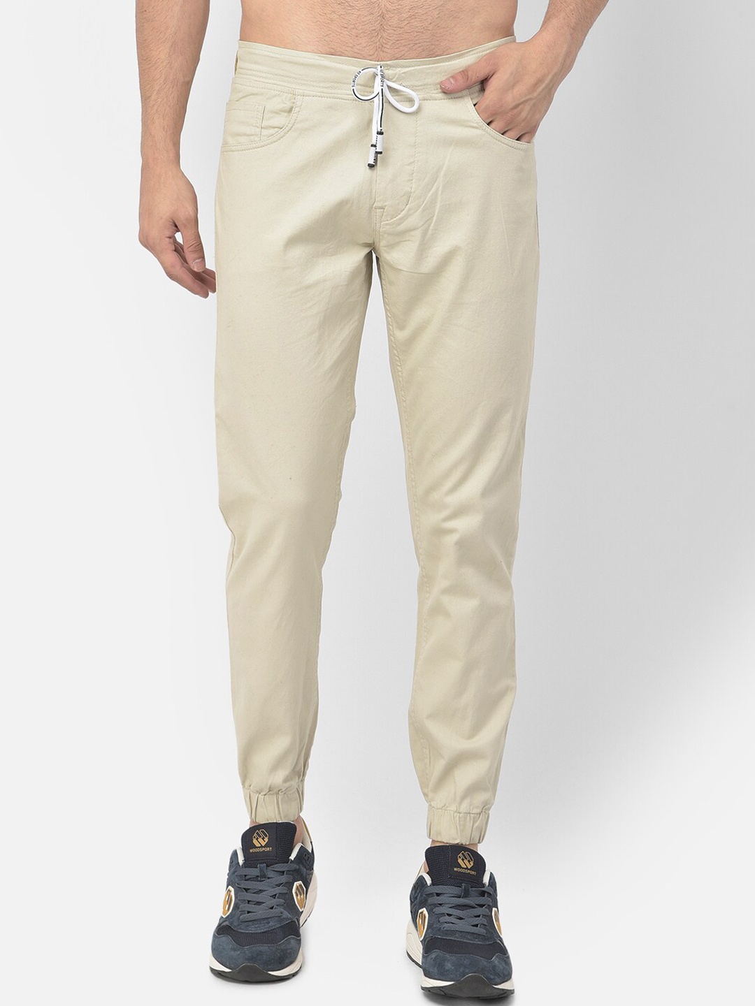 COBB Men Beige Comfort Slim Fit Joggers Cotton Trousers
