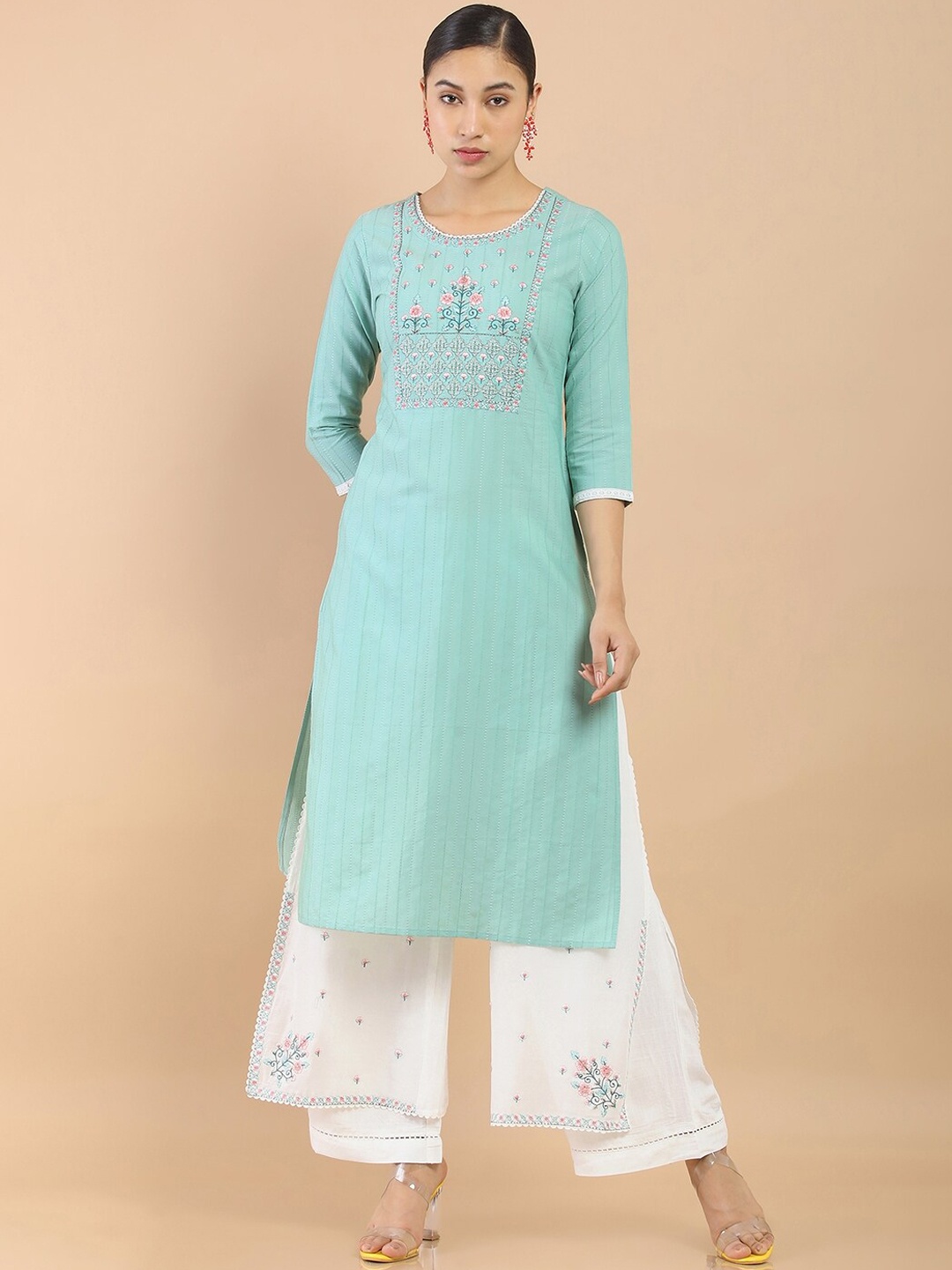 Soch Women Sea Green Floral Embroidered Pure Cotton Kurta with Palazzos