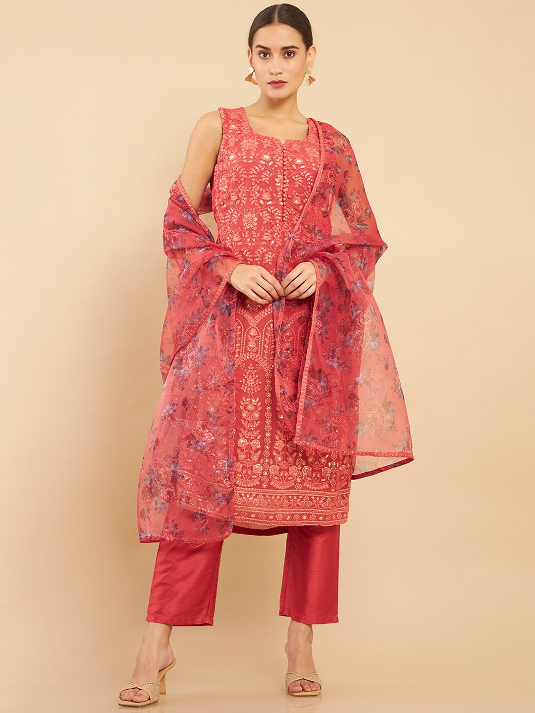 Soch Women Coral Floral Embroidered Layered Sequinned Kurta with Trousers & With Dupatta
Soch Women Coral Floral Embroidered Layered Sequinned Kurta with Trousers & With Dupatta