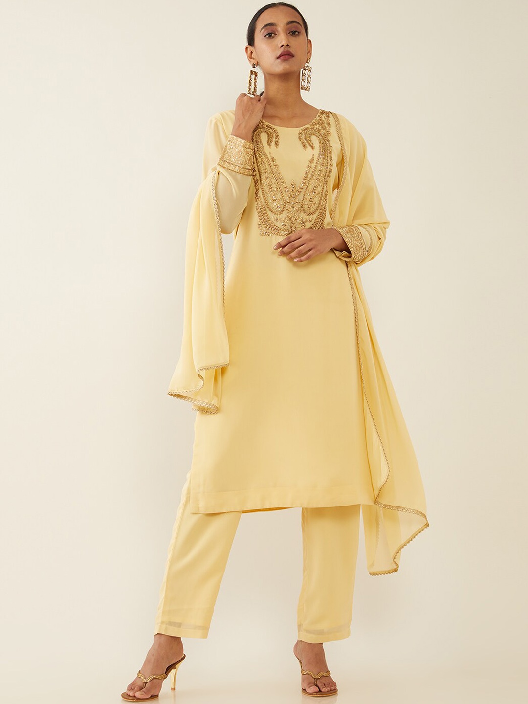Soch Women Mustard Yellow Ethnic Motifs Yoke Design Layered Sequinned Kurta with Trousers
Soch Women Mustard Yellow Ethnic Motifs Yoke Design Layered Sequinned Kurta with Trousers