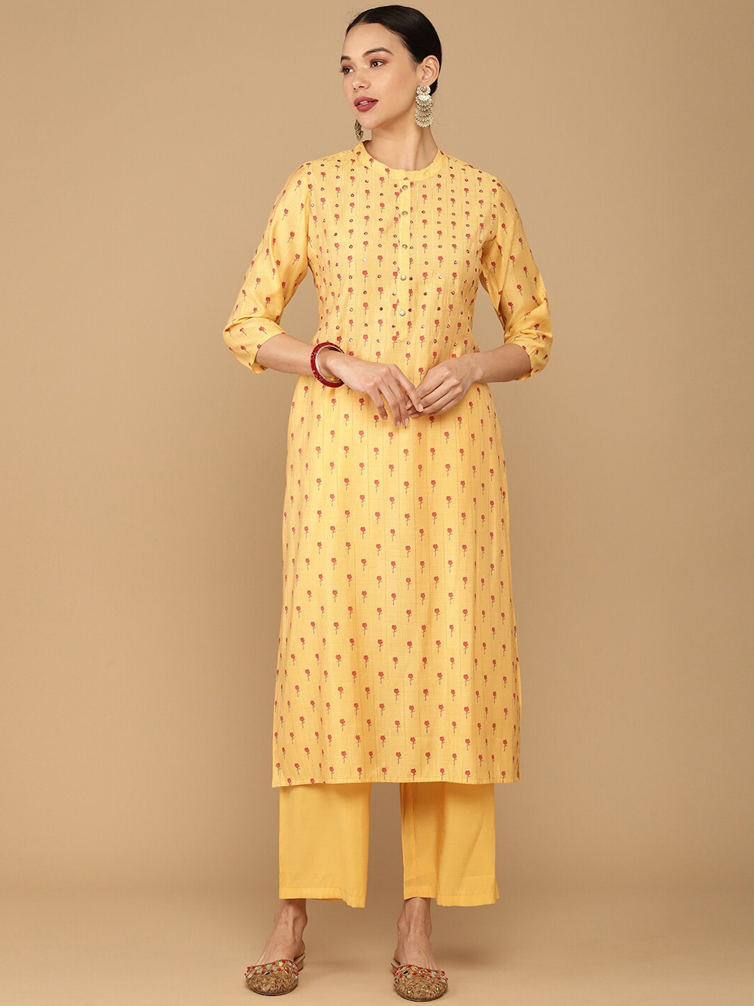 Soch Women Mustard Yellow Floral Printed Chanderi Silk Kurta Set