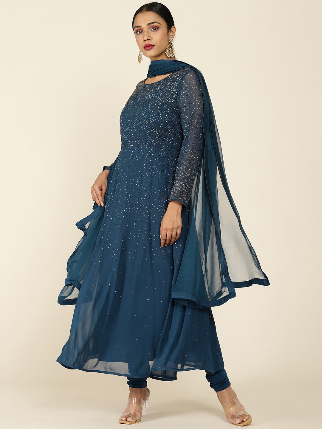 Soch Women Blue Empire Beads and Stones Kurta with Churidar & With Dupatta