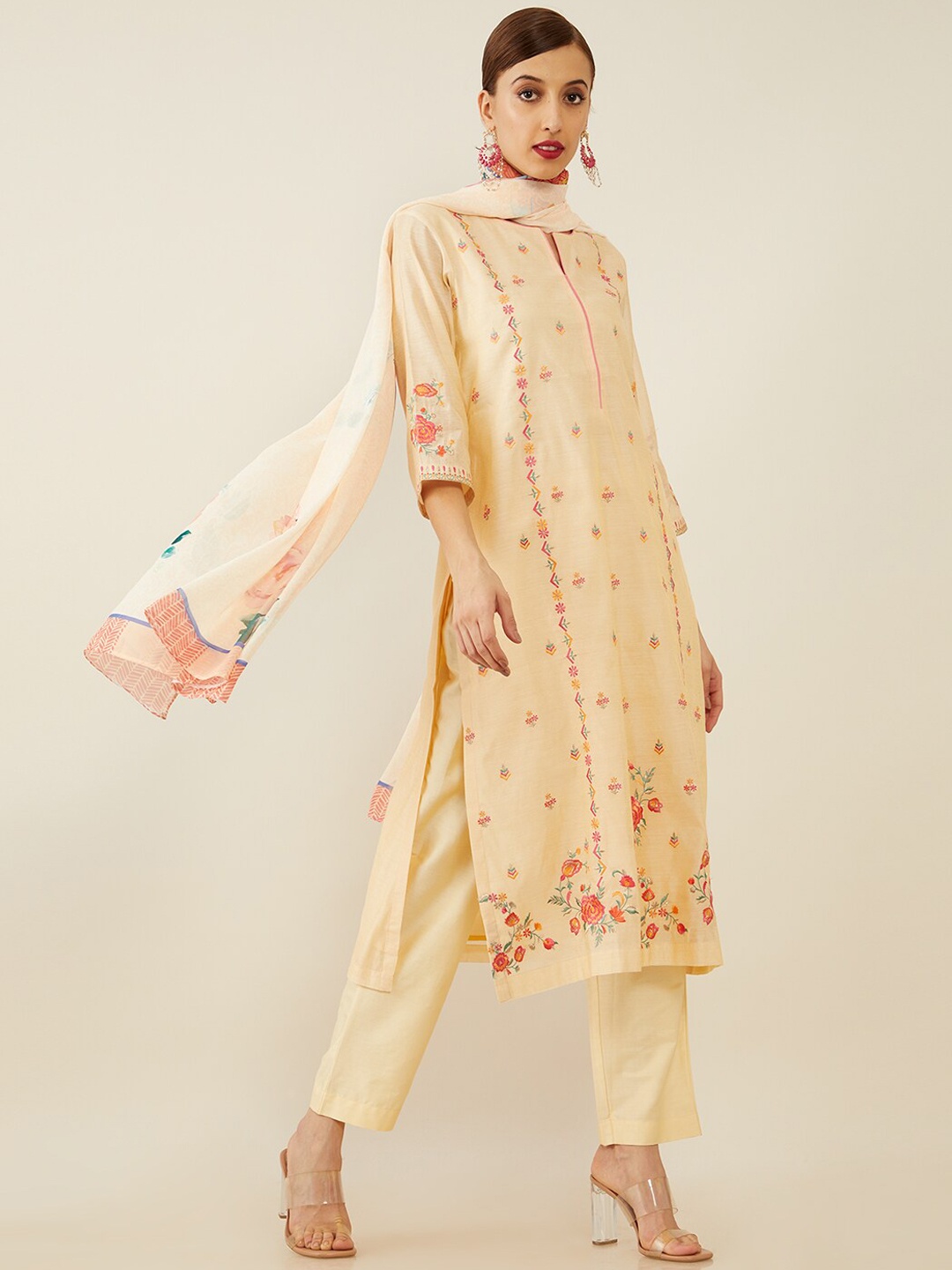 Soch Women Yellow Floral Printed Chanderi Silk Kurta With Trousers & Dupatta