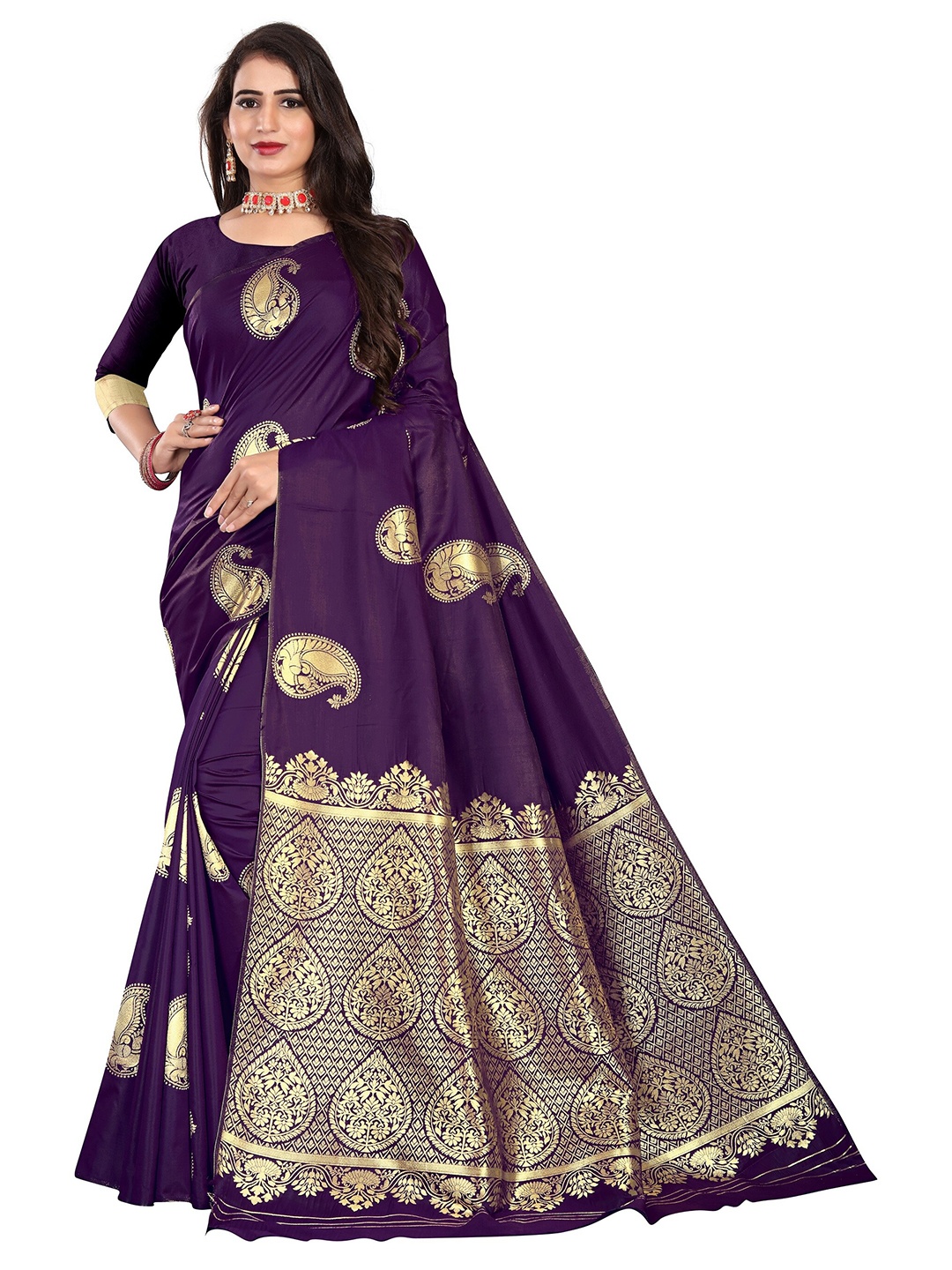 Rivana Violet & Gold-Toned Paisley Zari Pure Silk Banarasi Saree