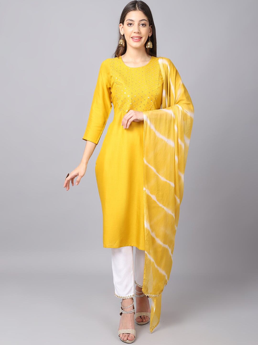 ANAISA Women Mustard Yellow Empire Sequinned Kurta with Trousers & With Dupatta
ANAISA Women Mustard Yellow Empire Sequinned Kurta with Trousers & With Dupatta
