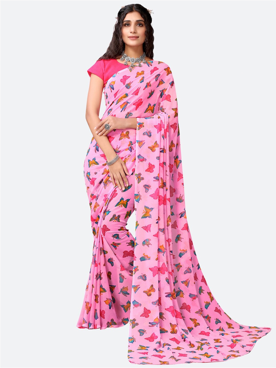 KALINI Women Pink Butterfly Printed Saree