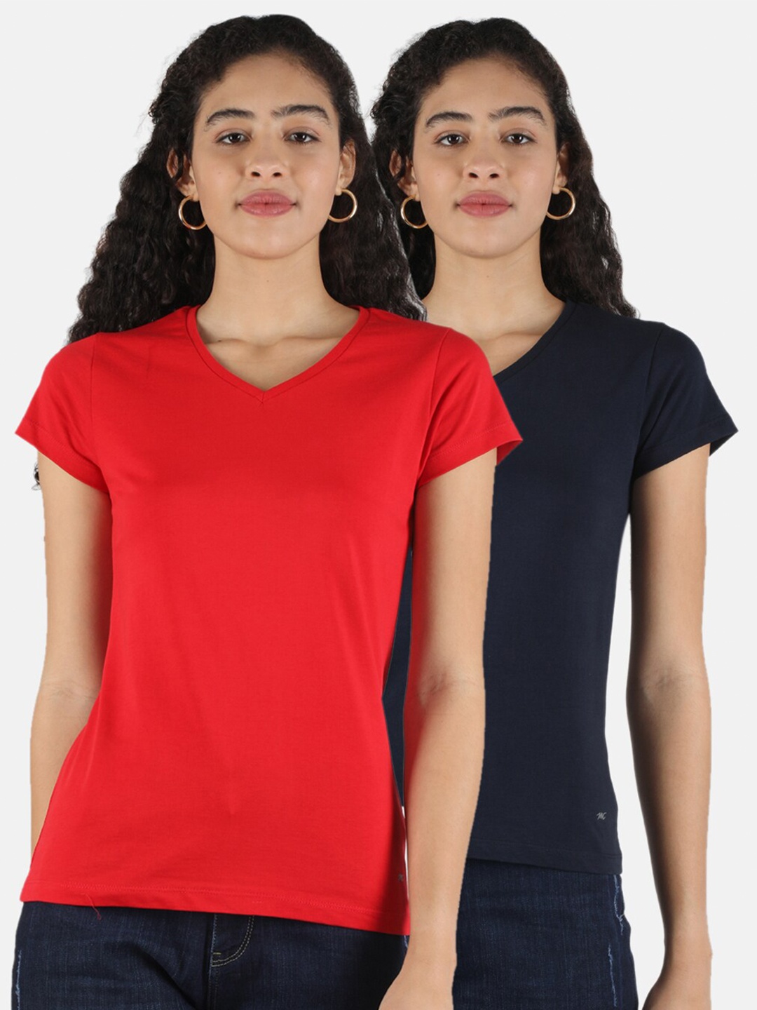 Monte Carlo Women Red & Navy Blue Set Of 2 V-Neck Pure Cotton T-shirt