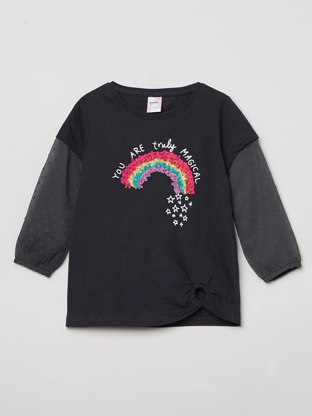 max Girls Grey Printed Color Blocked Sleeves T-shirt
