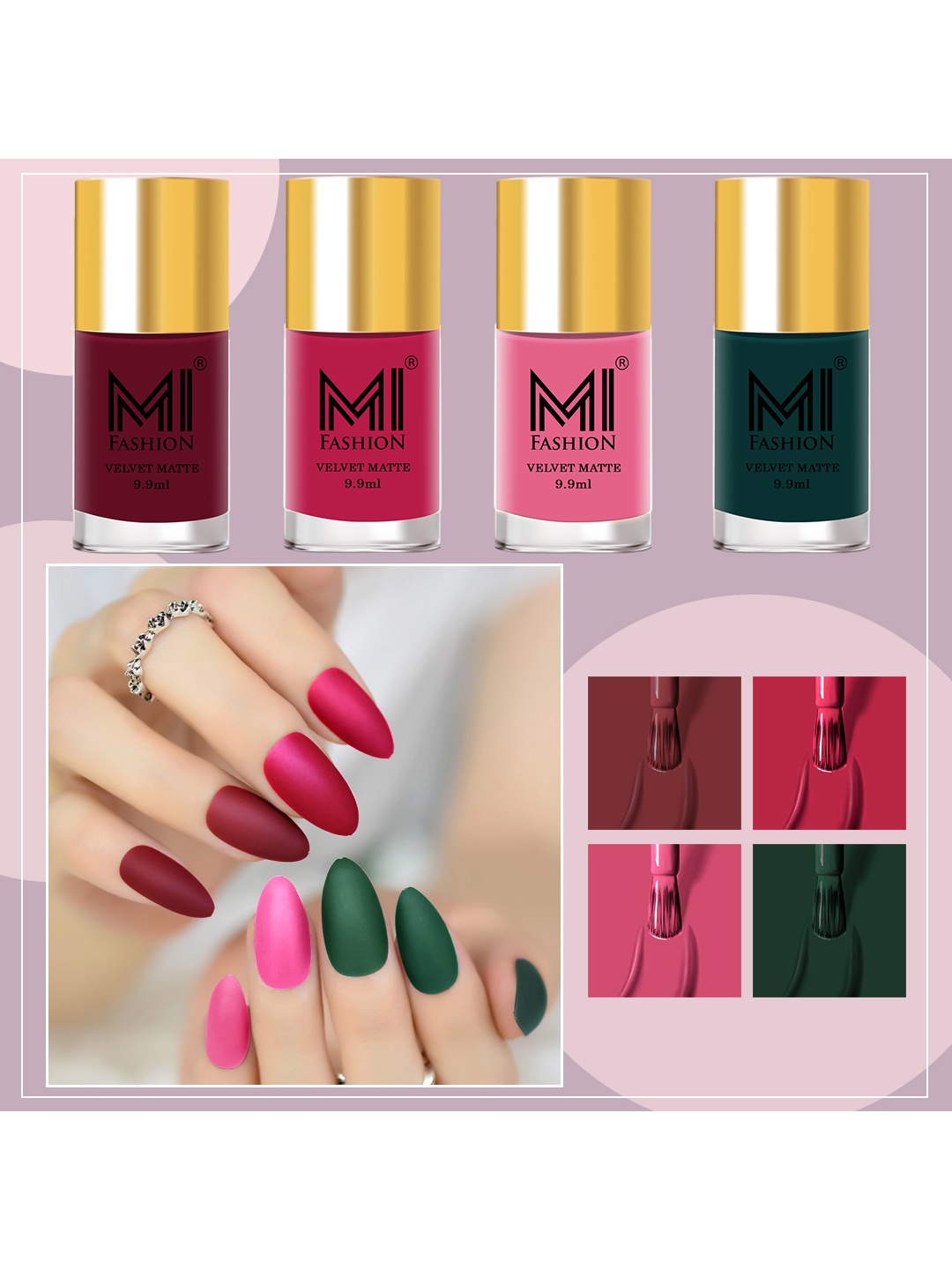 MI FASHION Set of 4 Modern Velvet Matte Long Lasting Nail Polish - 9.9 ml Each, Green
MI FASHION Set of 4 Modern Velvet Matte Long Lasting Nail Polish - 9.9 ml Each, Green