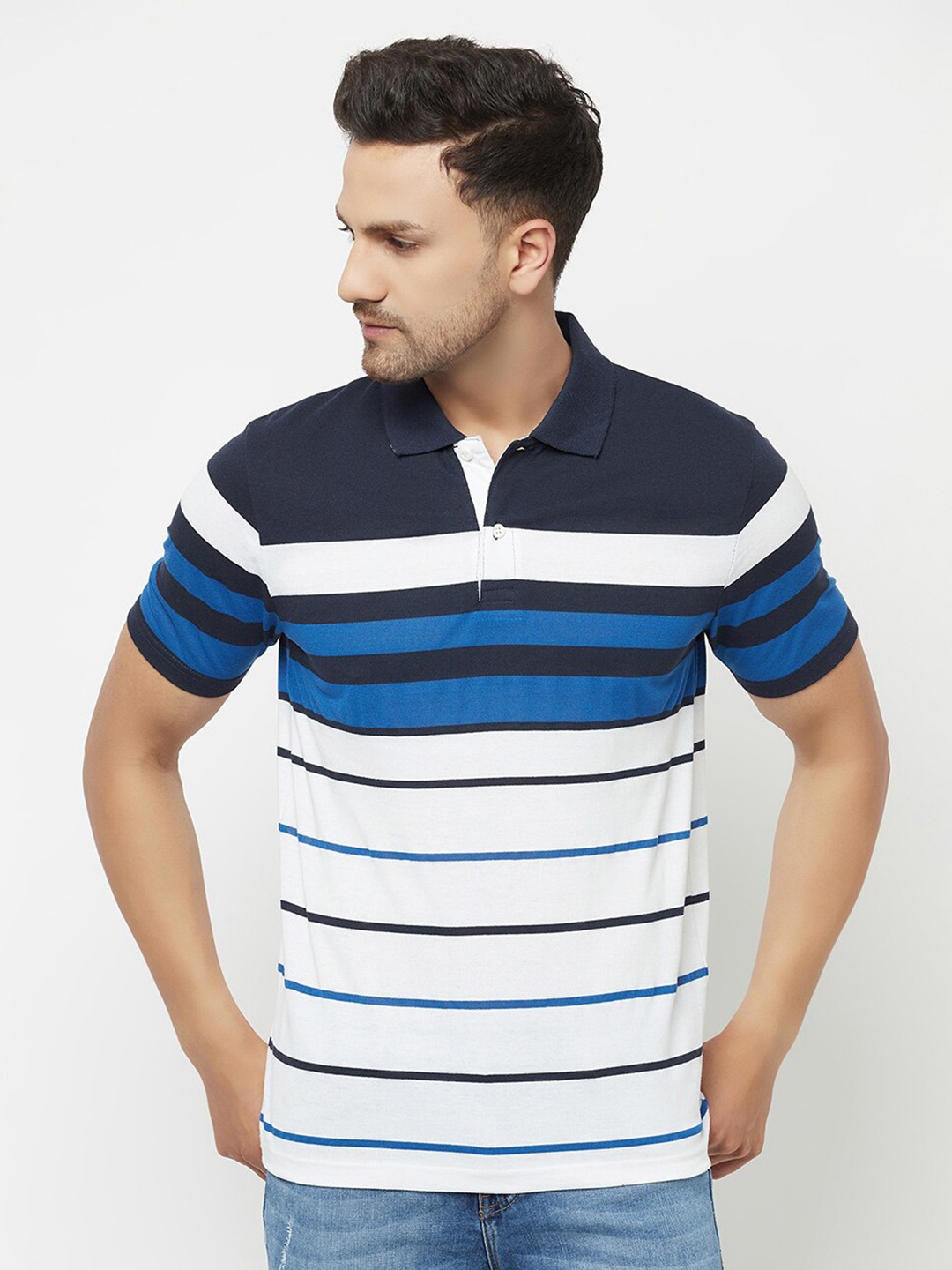 ELEGANCE Men Blue & White Striped Polo Collar T-shirt