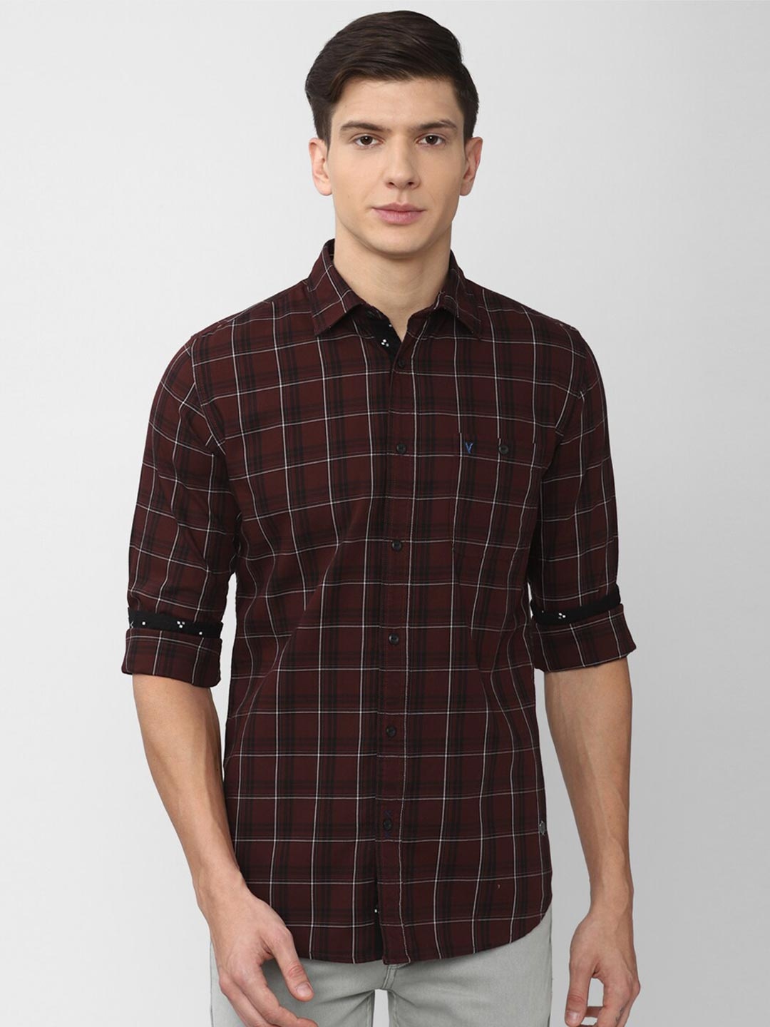 VAN HEUSEN DENIM LABS Men Maroon Slim Fit Tartan Checks Checked Casual Shirt