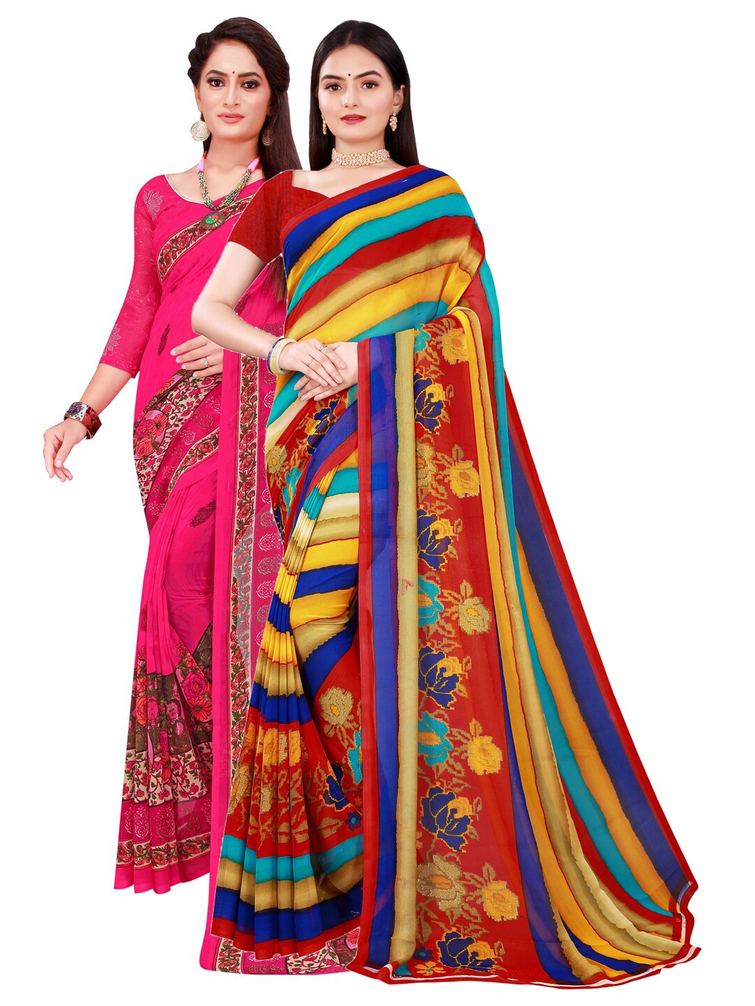 KALINI Set Of 2 Pink & Yellow Floral Pure Georgette Sarees