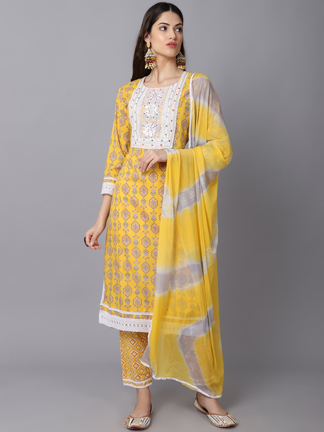 ANAISA Women Mustard Yellow Ethnic Motifs Printed Mirror Work Pure Cotton Kurta with Trousers & With Dupatta
ANAISA Women Mustard Yellow Ethnic Motifs Printed Mirror Work Pure Cotton Kurta with Trousers & With Dupatta