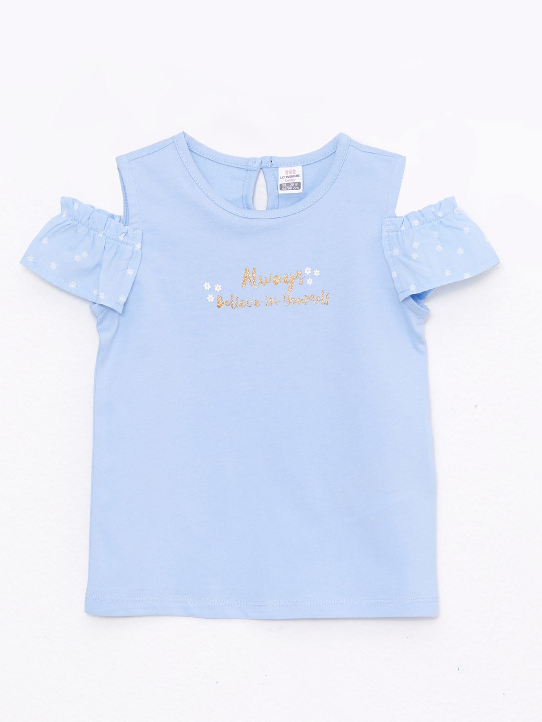 LC Waikiki Blue & Gold-Toned Pure Cotton Typography Print Drop-Shoulder Sleeves Top
