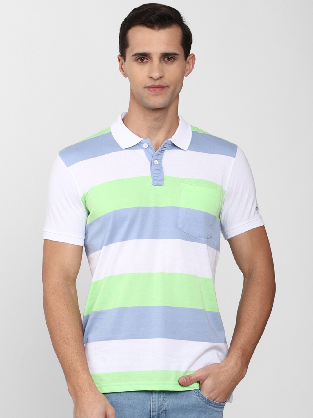 Peter England Casuals Men White & Green Striped Polo Collar Slim Fit T-shirt
