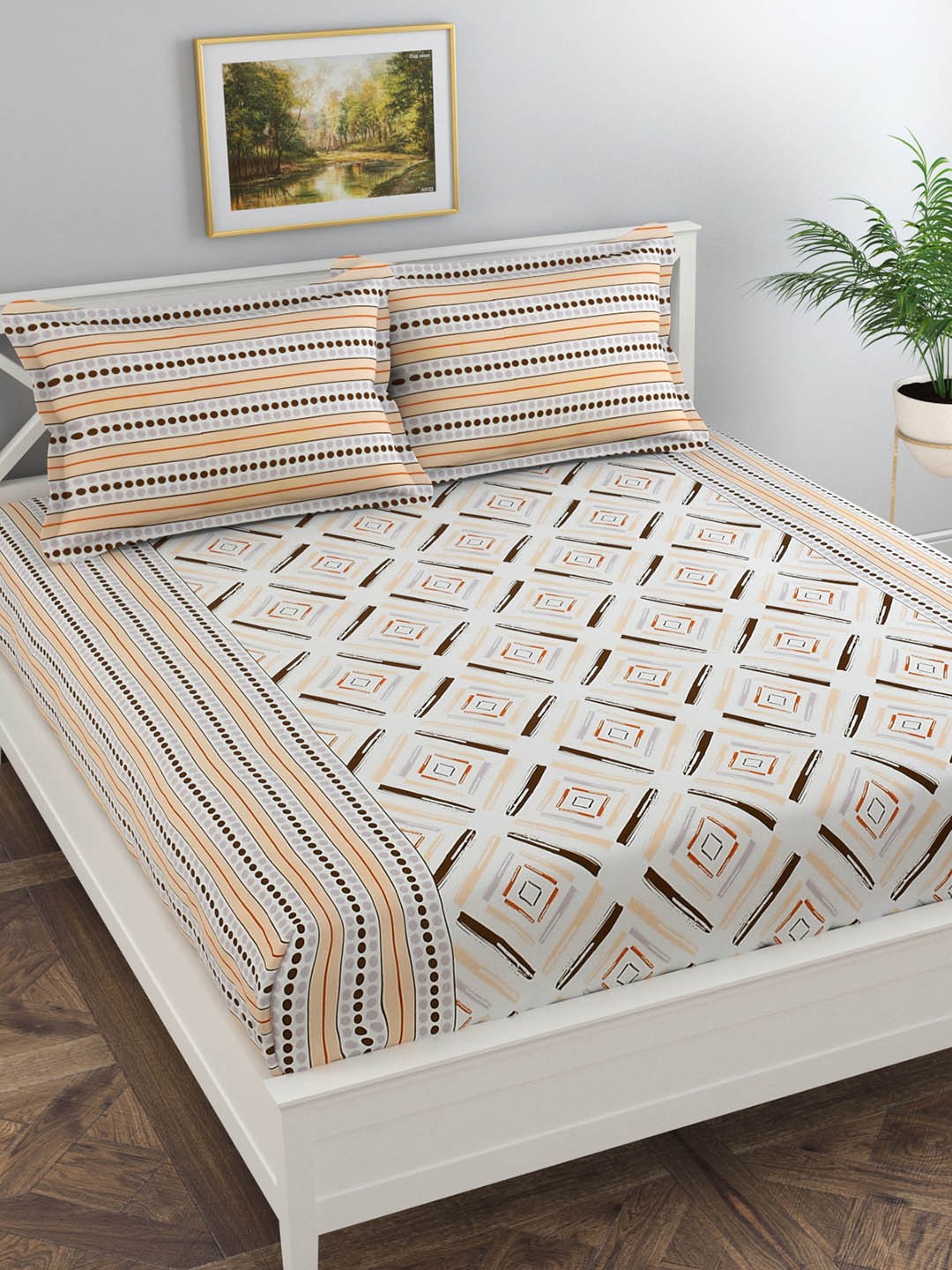Florida Beige 180 TC Cotton Double Bedsheet with Pillow Cover