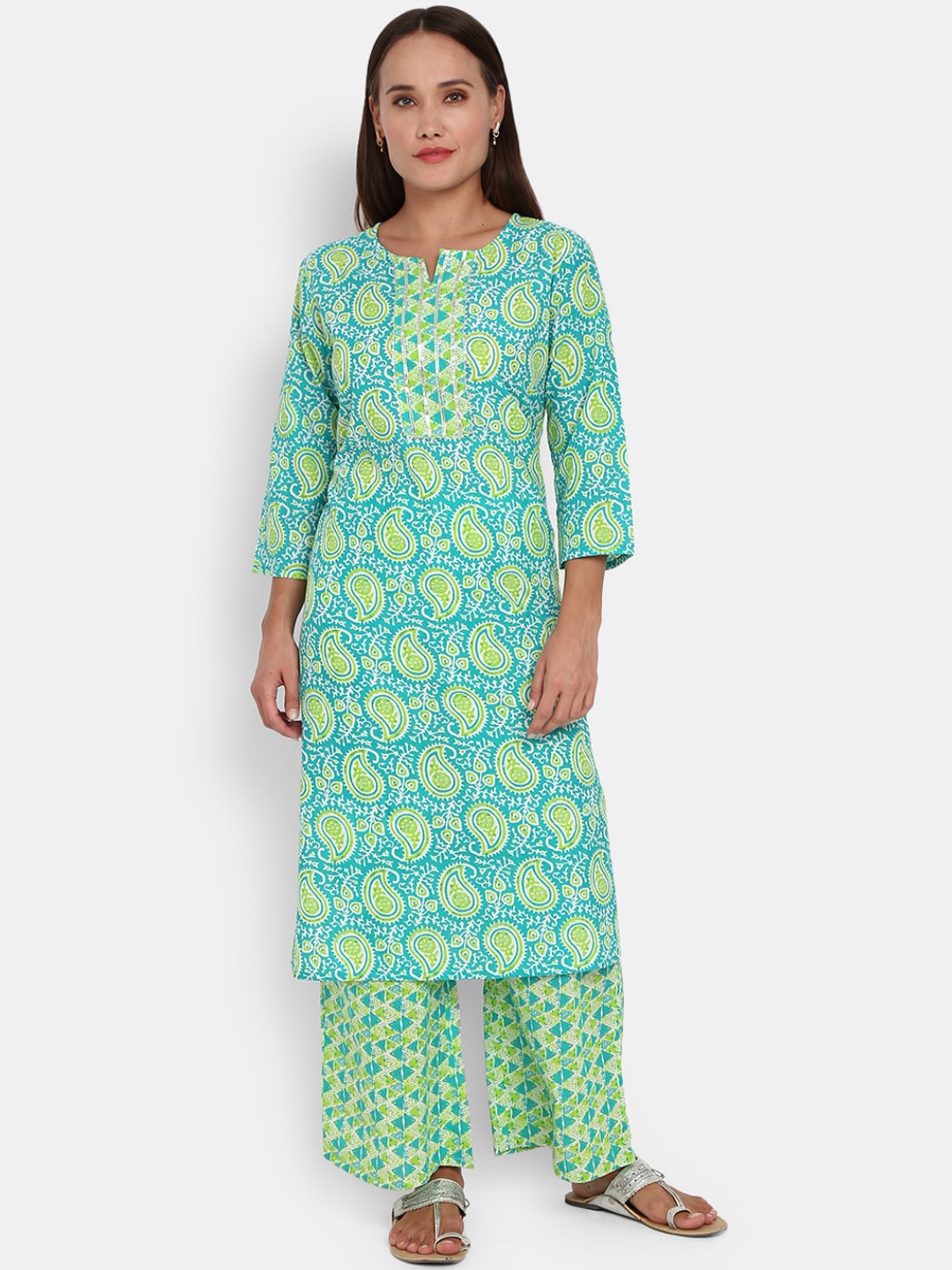 V-Mart Women Green Ethnic Motifs Printed Mirror Work Kurta
