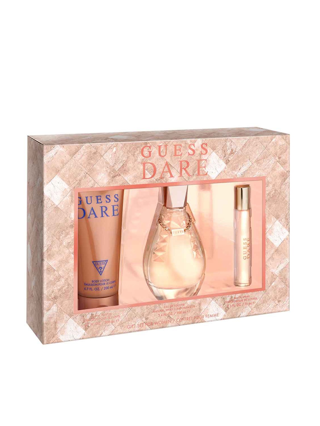 GUESS Women Dare Fragrance Set - EDT 100ml + Travel Spray 15ml + Body Lotion 200ml, Rose gold
GUESS Women Dare Fragrance Set - EDT 100ml + Travel Spray 15ml + Body Lotion 200ml, Rose gold
