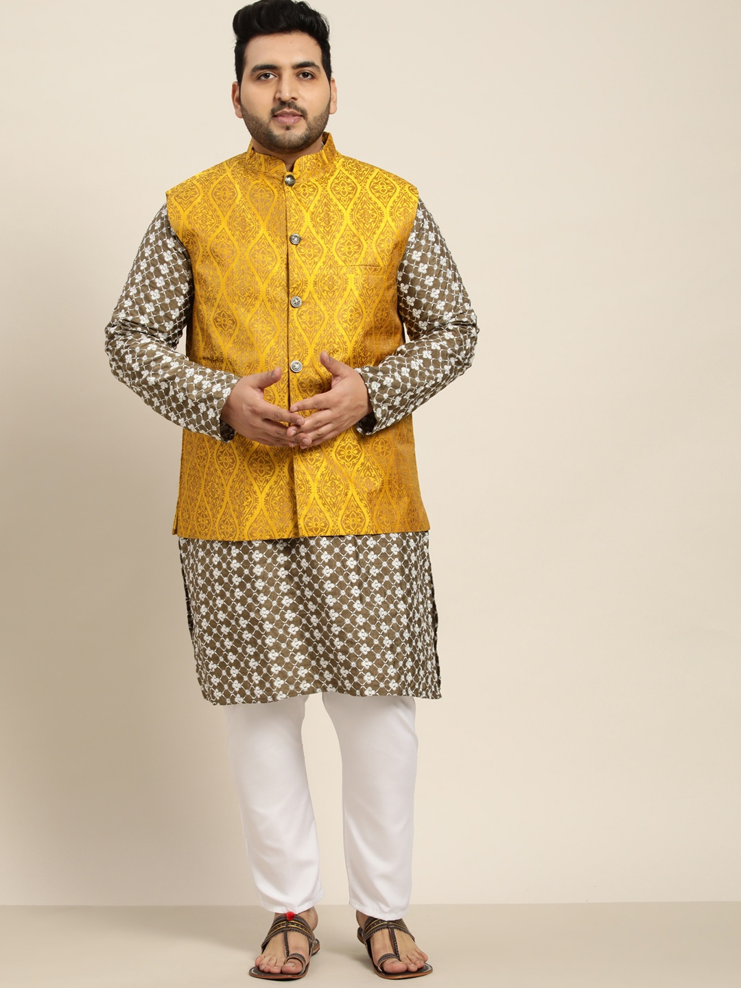 SOJANYA PLUS Men Olive Green Ethnic Motifs Embroidered Kurta with Churidar & Nehru Jacket
SOJANYA PLUS Men Olive Green Ethnic Motifs Embroidered Kurta with Churidar & Nehru Jacket
