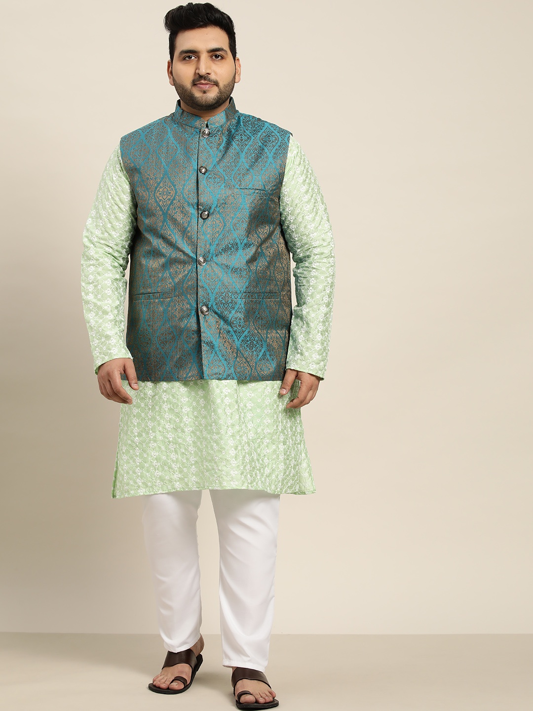 SOJANYA PLUS Men Sea Green Chikankari Embroidered Kurta with Churidar & Nehru Jacket
SOJANYA PLUS Men Sea Green Chikankari Embroidered Kurta with Churidar & Nehru Jacket