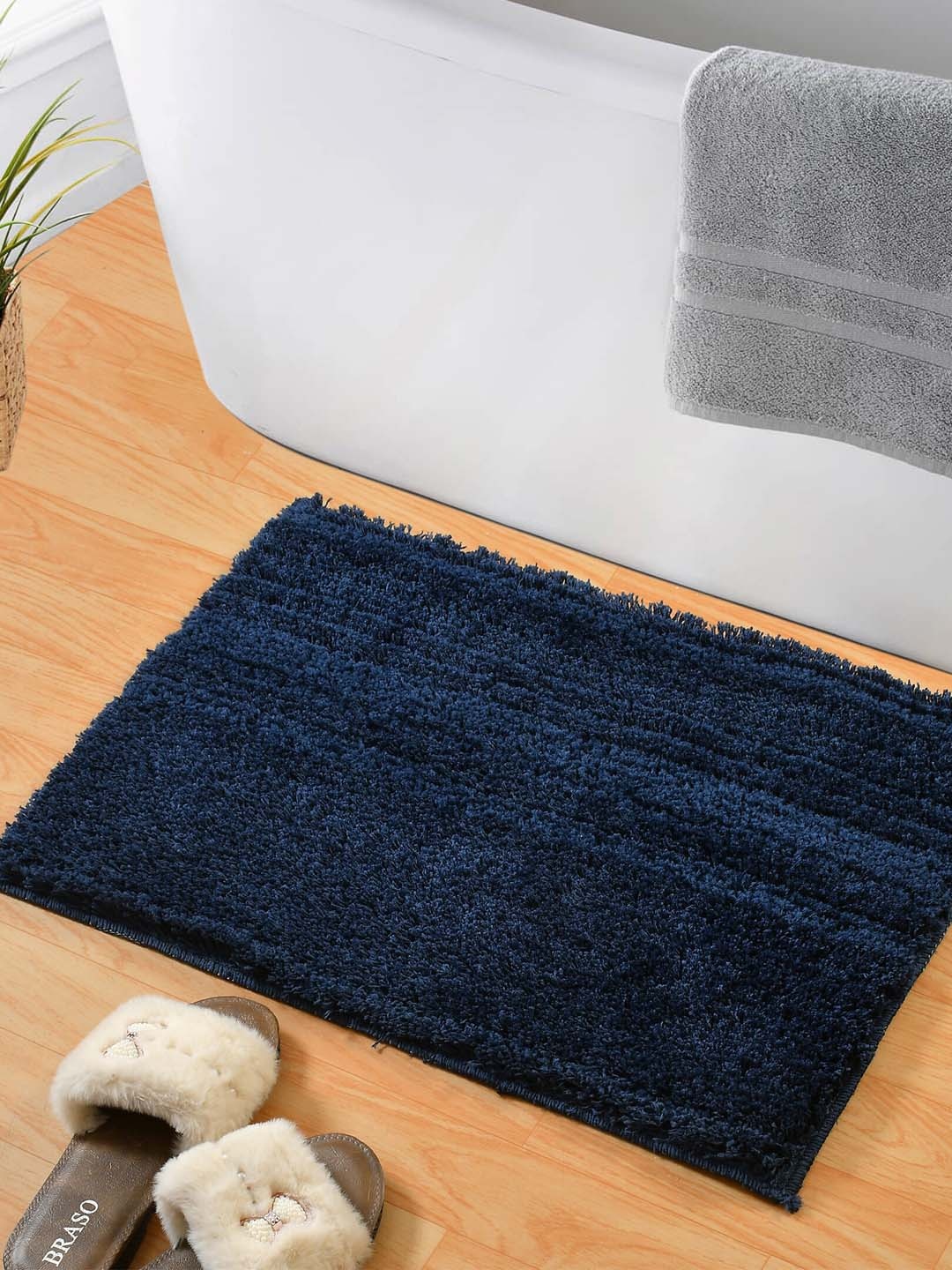 Hammer Home Set of 2 Navy Blue & Grey Solid Anti-Slip Microfiber Soft 350 GSM Bath Rugs