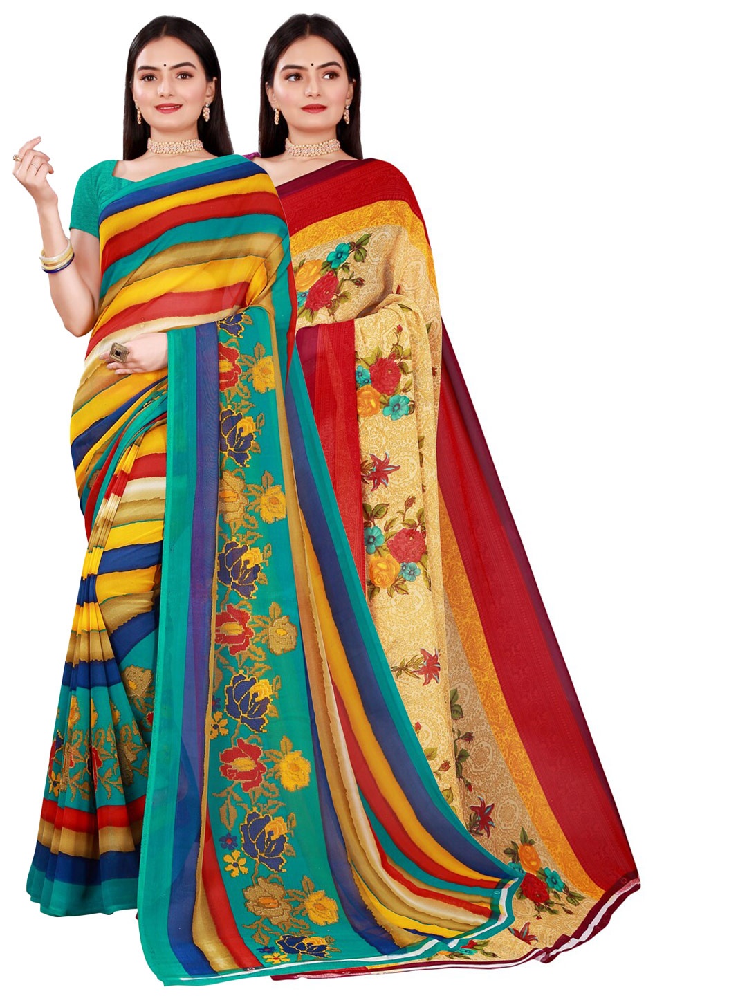 Florence Pack Of 2 Women Multicolor Printed Pure Georgette Saree With Unstithed Blouse, Multi
Florence Pack Of 2 Women Multicolor Printed Pure Georgette Saree With Unstithed Blouse, Multi