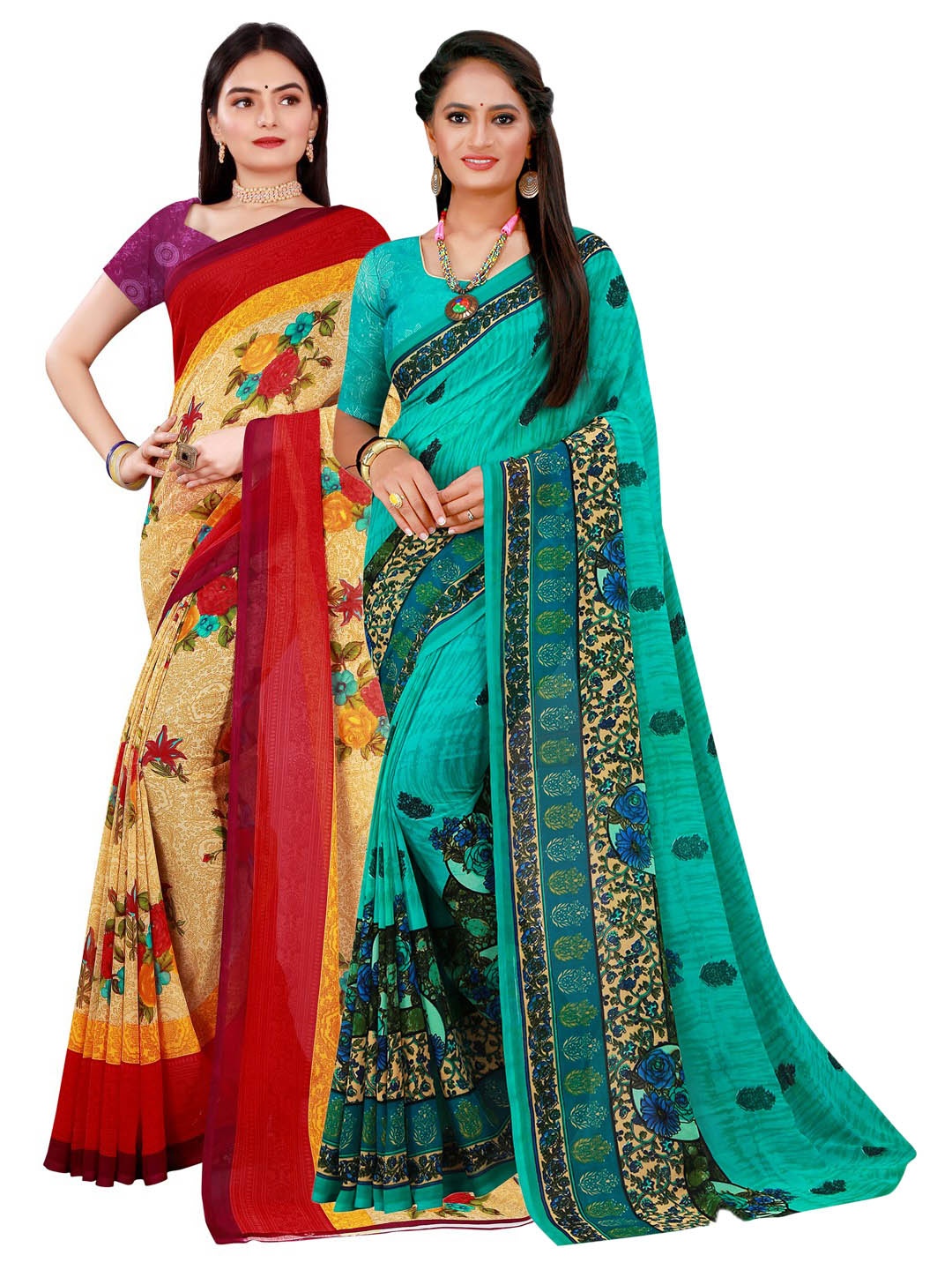 Florence Pack Of 2 Women Beige & Green Printed Pure Georgette Saree With Unstitched Blouse
Florence Pack Of 2 Women Beige & Green Printed Pure Georgette Saree With Unstitched Blouse