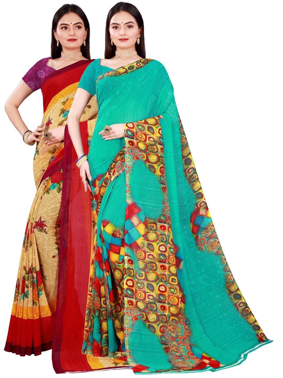 Florence Pack Of 2 Women Beige & Green Printed Pure Georgette Saree With Unstitched Blouse
Florence Pack Of 2 Women Beige & Green Printed Pure Georgette Saree With Unstitched Blouse
