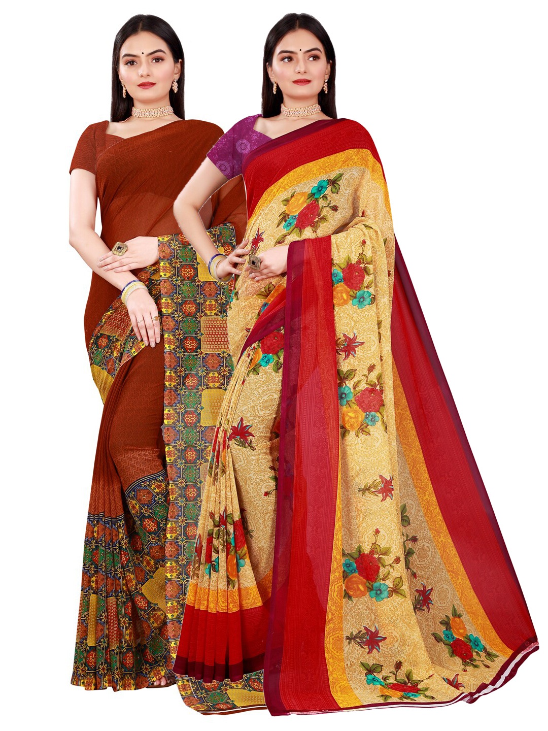 Florence Pack Of 2 Women Beige & Brown Printed Pure Georgette Saree With Unstitched Blouse
Florence Pack Of 2 Women Beige & Brown Printed Pure Georgette Saree With Unstitched Blouse