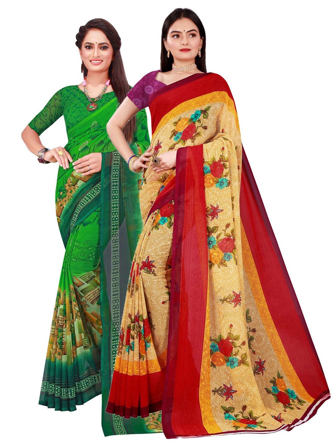 KALINI Pack Of 2 Women Beige & Green Printed Pure Georgette Saree With Unstitched Blouse
KALINI Pack Of 2 Women Beige & Green Printed Pure Georgette Saree With Unstitched Blouse