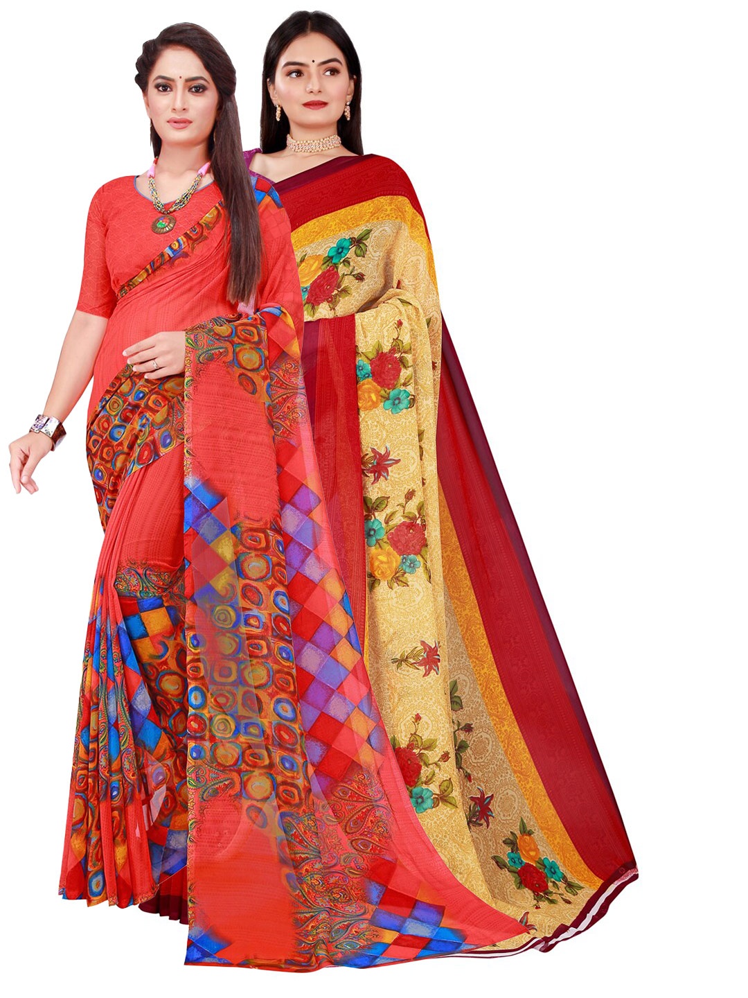 KALINI Pack Of 2 Women Beige & Red Printed Pure Georgette Saree With Unstitched Blouse
KALINI Pack Of 2 Women Beige & Red Printed Pure Georgette Saree With Unstitched Blouse