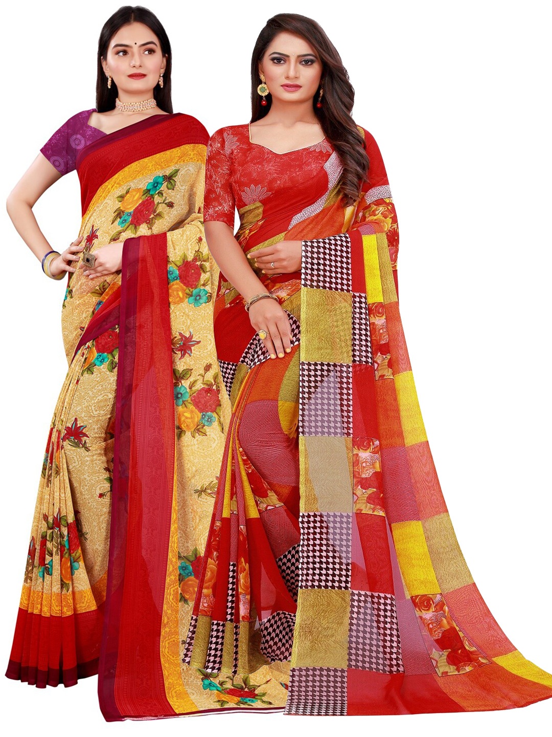 KALINI Pack Of 2 Women Beige & Red Printed Pure Georgette Saree With Unstitched Blouse
KALINI Pack Of 2 Women Beige & Red Printed Pure Georgette Saree With Unstitched Blouse