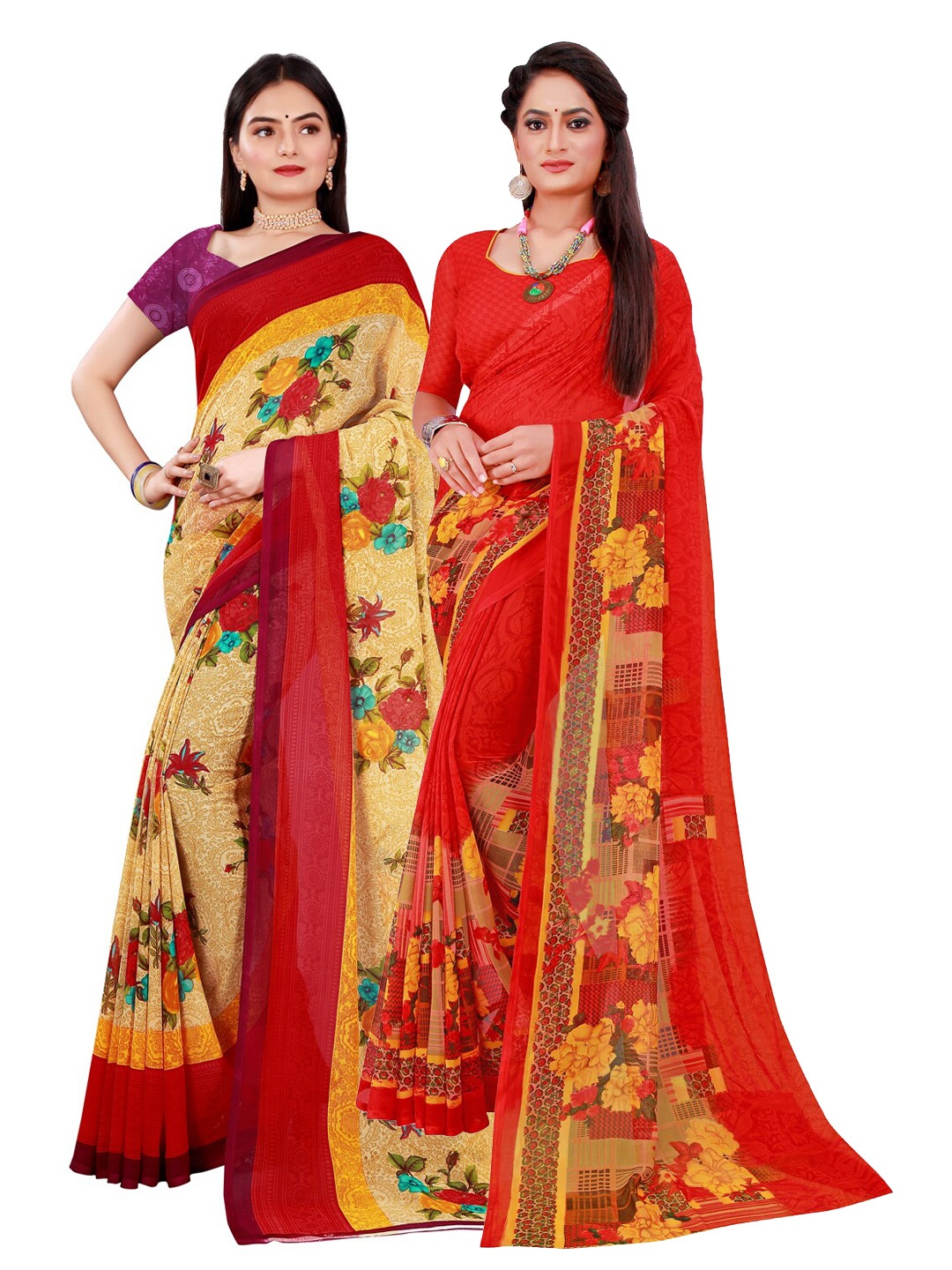 KALINI Pack Of 2 Women Beige & Red Printed Pure Georgette Saree With Unstitched Blouse
KALINI Pack Of 2 Women Beige & Red Printed Pure Georgette Saree With Unstitched Blouse
