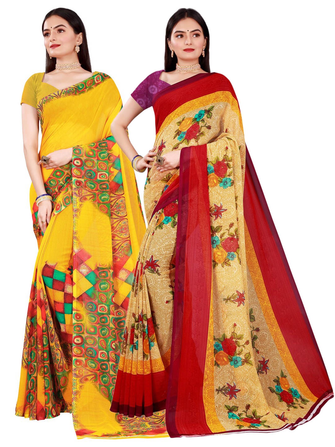 KALINI Pack Of 2 Women Beige & Yellow Printed Pure Georgette Saree With Unstitched Blouse
KALINI Pack Of 2 Women Beige & Yellow Printed Pure Georgette Saree With Unstitched Blouse