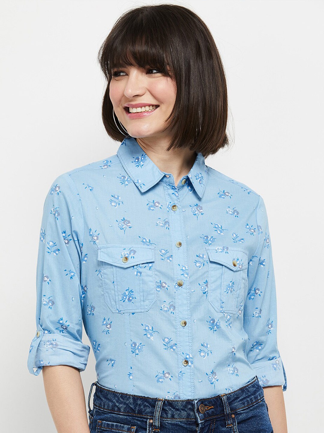 max Women Blue Printed Pure Cotton Casual Shirt
