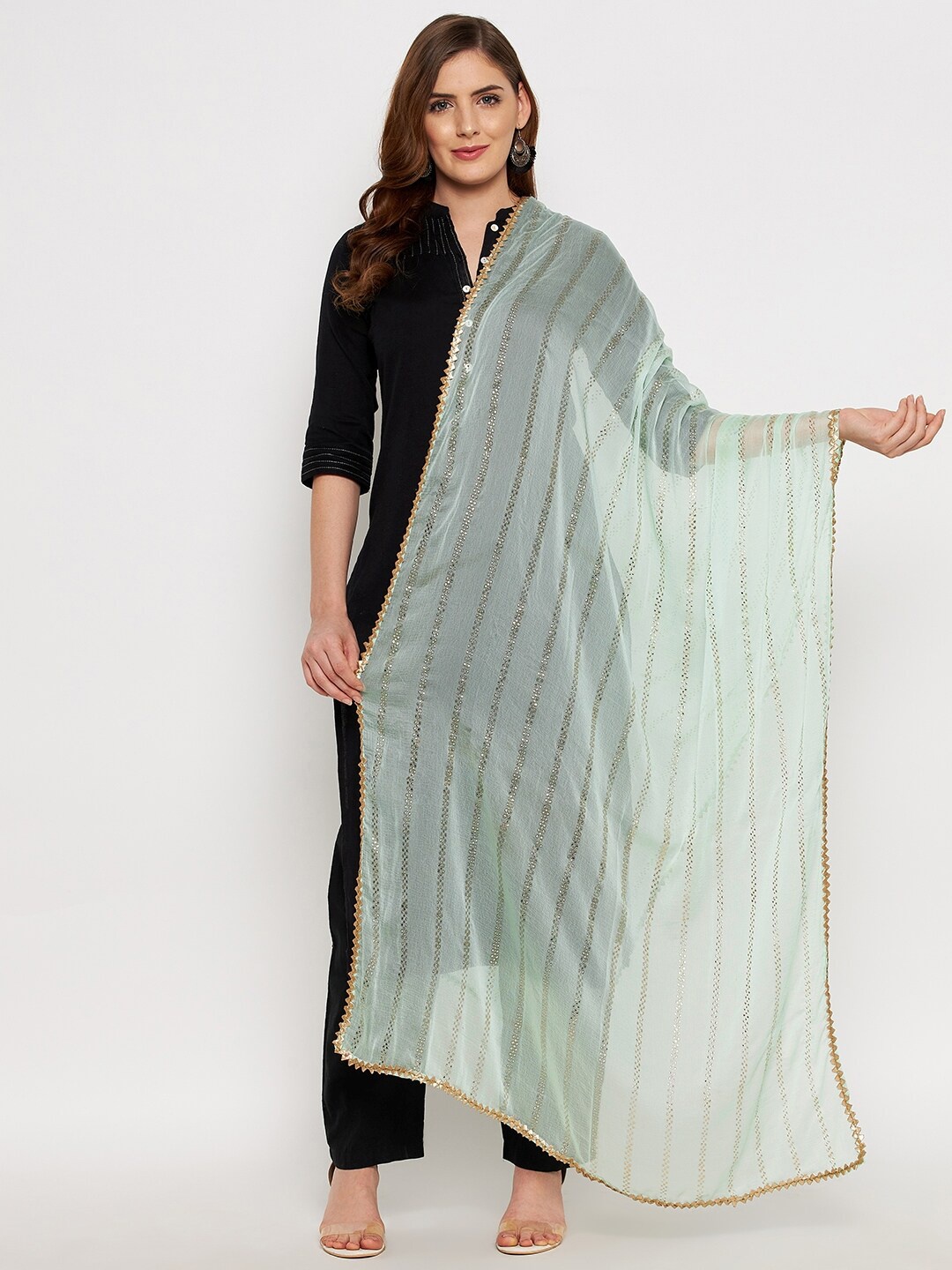 Clora Creation Green & Gold-Toned Printed Dupatta with Gotta Patti