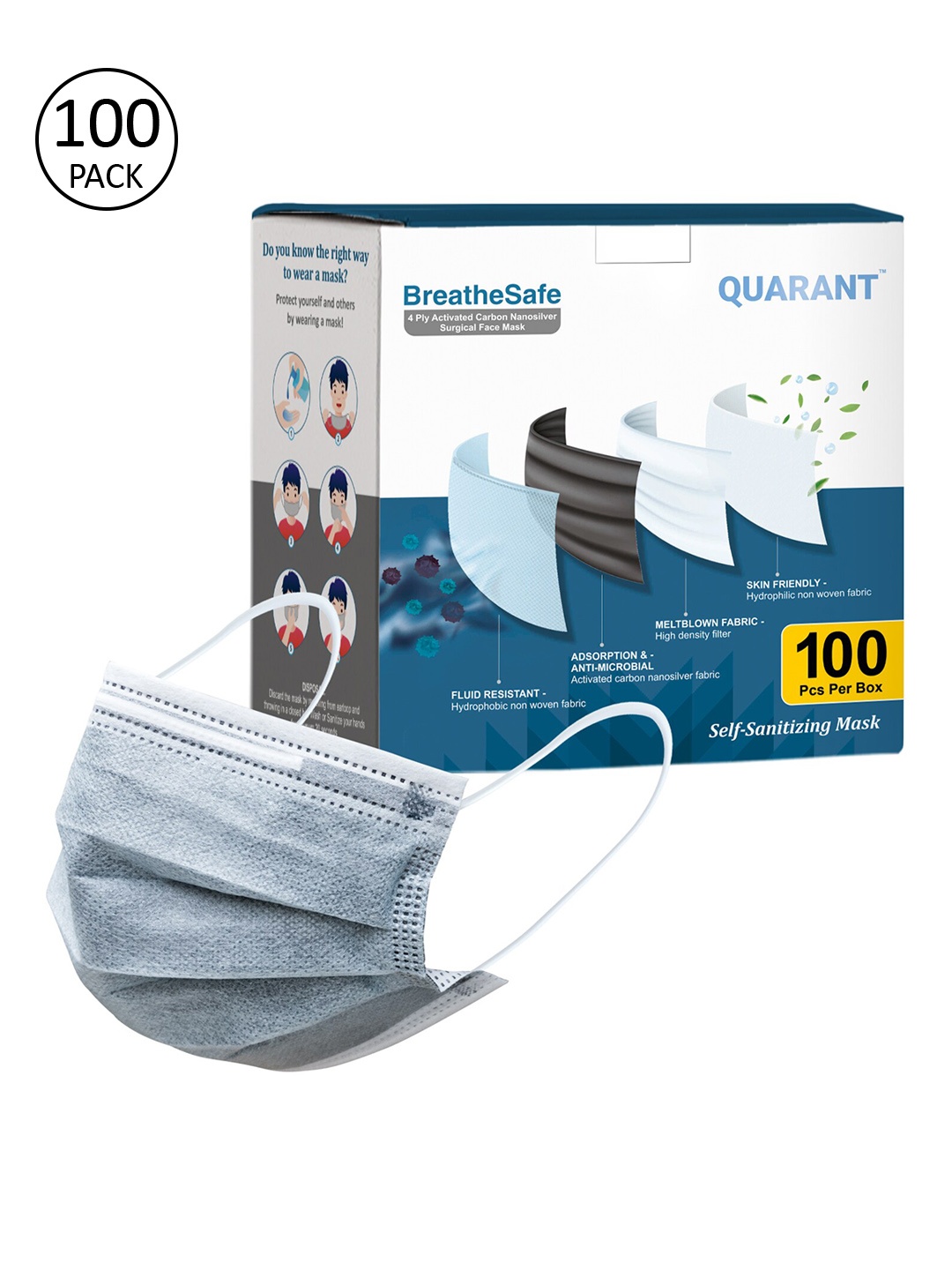 QUARANT Pack Of 100 Grey Solid 4-Ply Nanosilver Activated Carbon Surgical Face Masks
QUARANT Pack Of 100 Grey Solid 4-Ply Nanosilver Activated Carbon Surgical Face Masks
